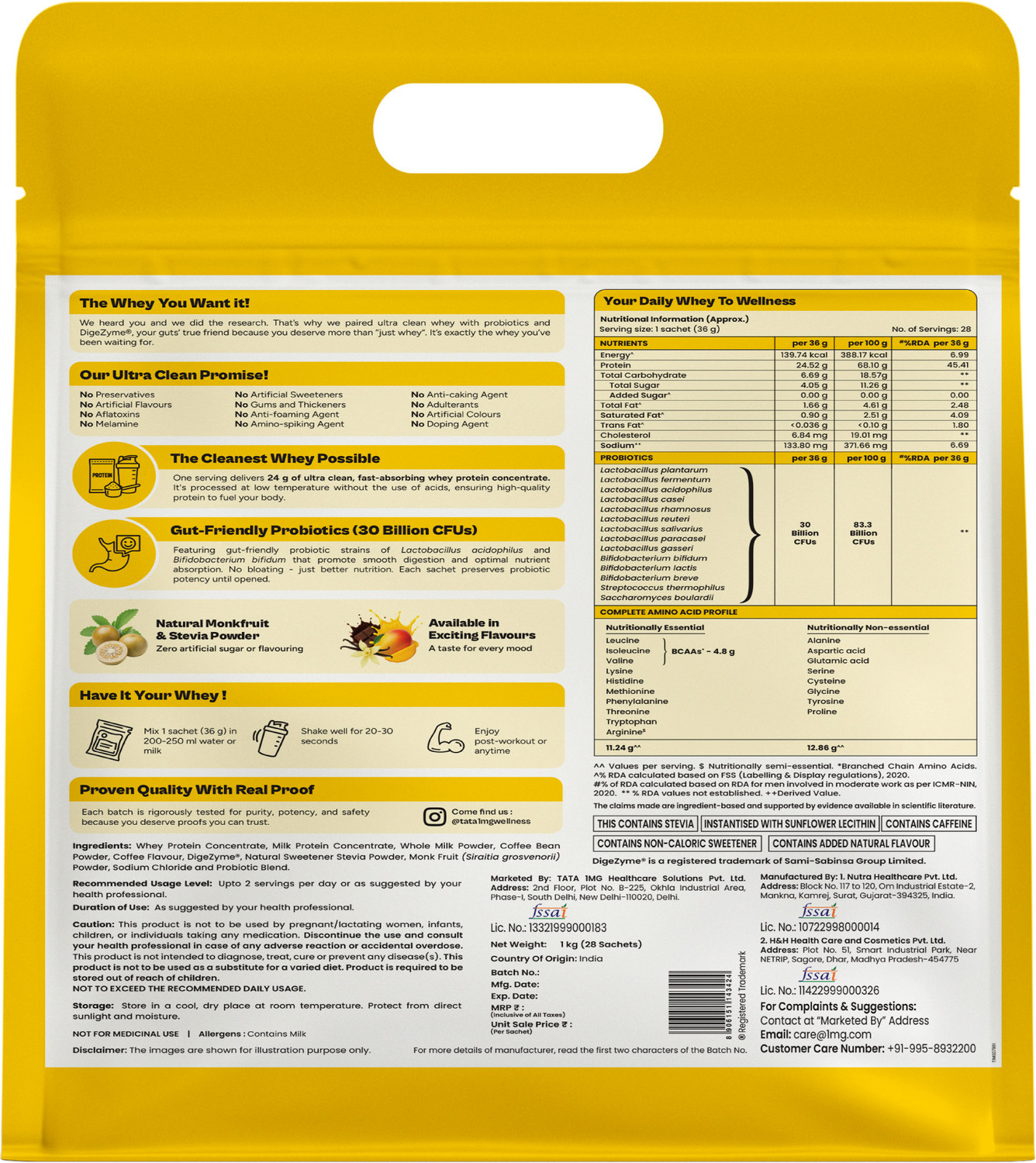 Image of TATA 1mg Ultra Clean Whey Protein | 24g Protein| Lab-Tested | 28 sachets Whey Protein
