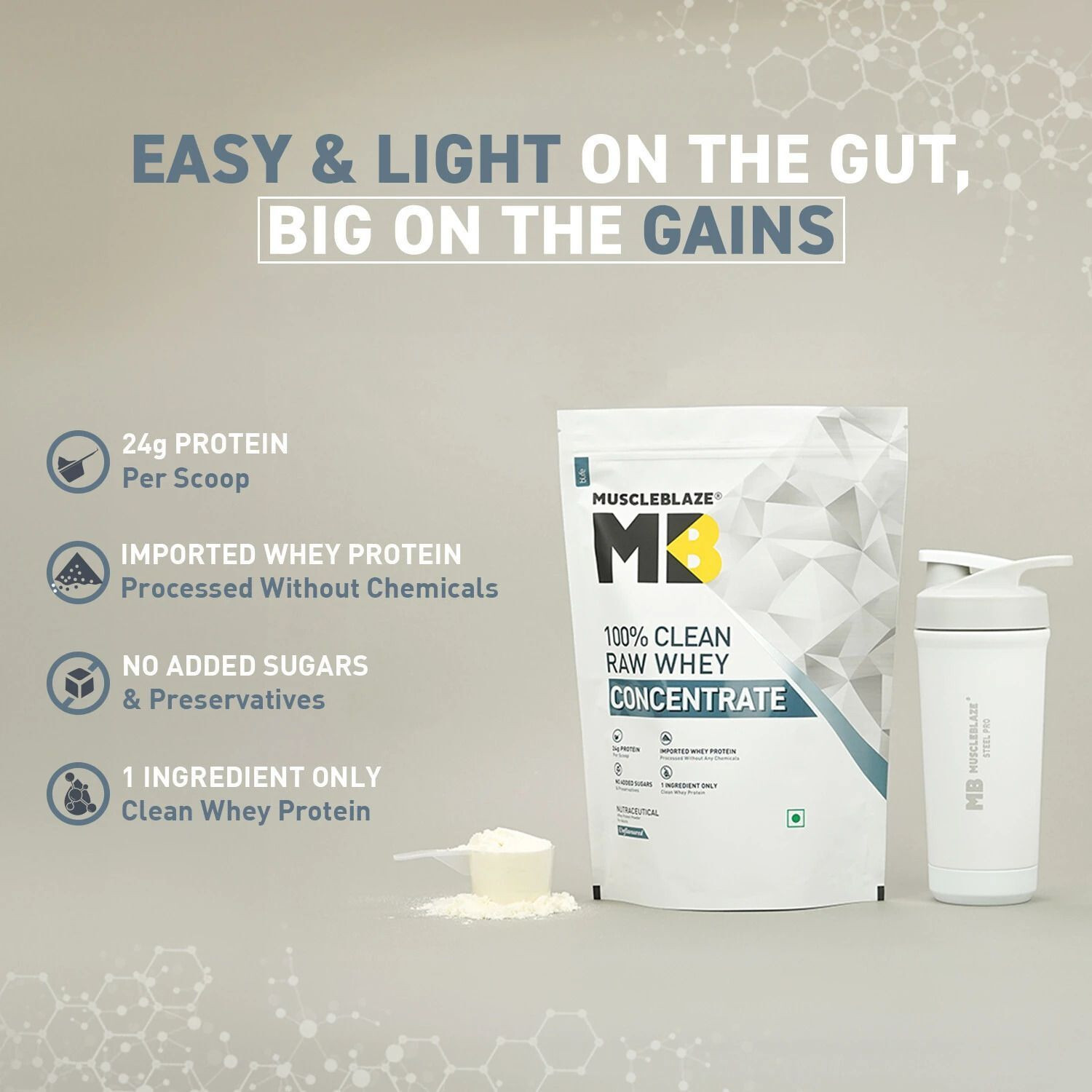 Image of MUSCLEBLAZE 100% Clean Raw Concentrate | 24g Protein per Scoop | Easy to Digest Whey Protein