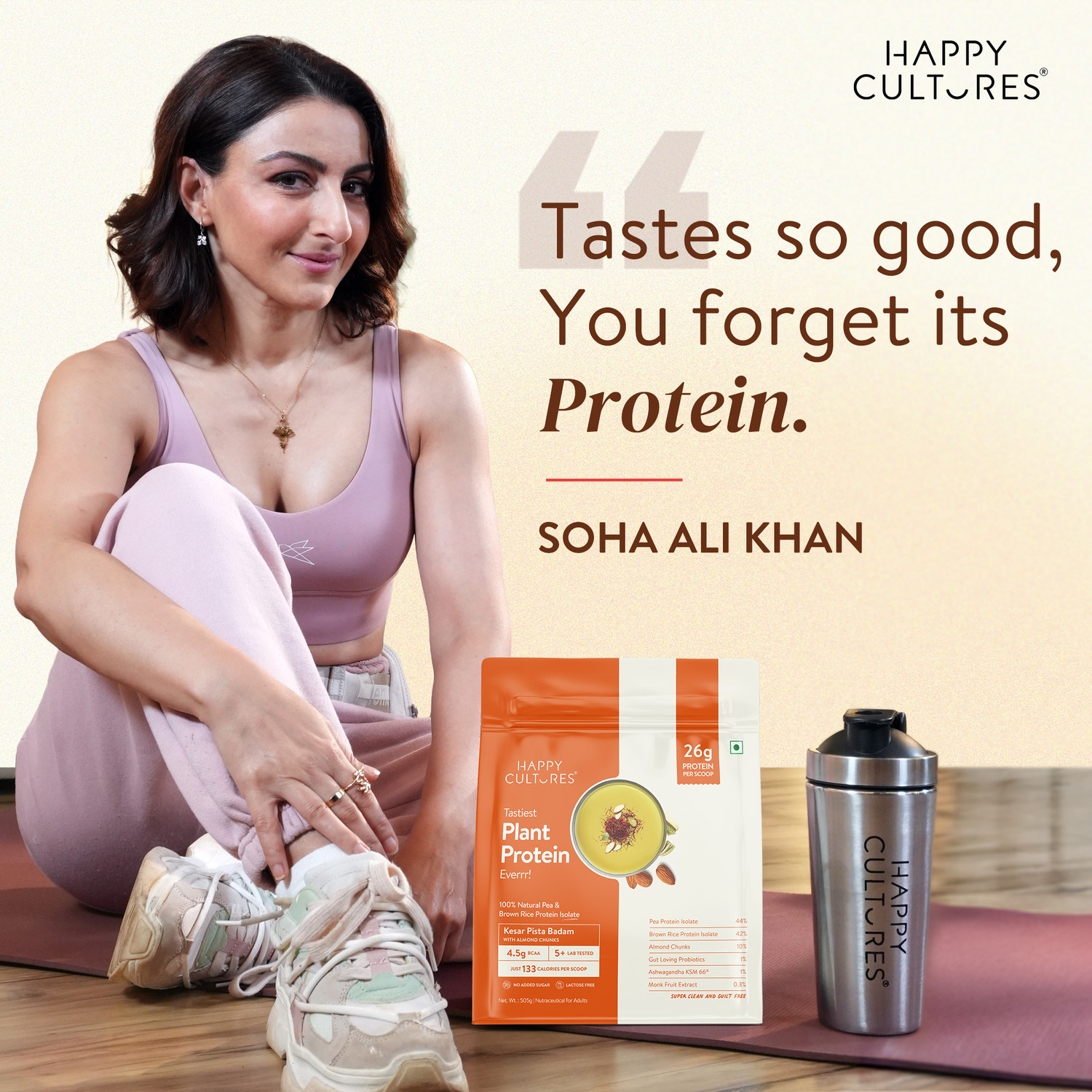 Image of Happy Cultures 26g Kesar Pista Badam Tastiest Plant Protein|No Gas & Bloating|18 Amino Acid Plant-Based Protein