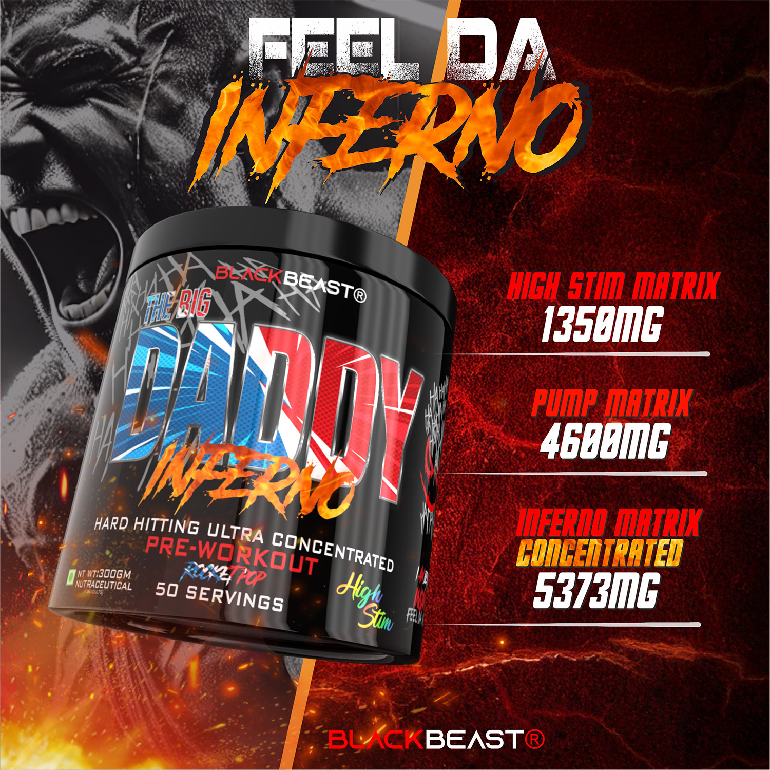 Image of Black Beast The Big Daddy Inferno Preworkout 50 Serving 4500mg Citrulline,3000mg BetaAlanine Pre Workout