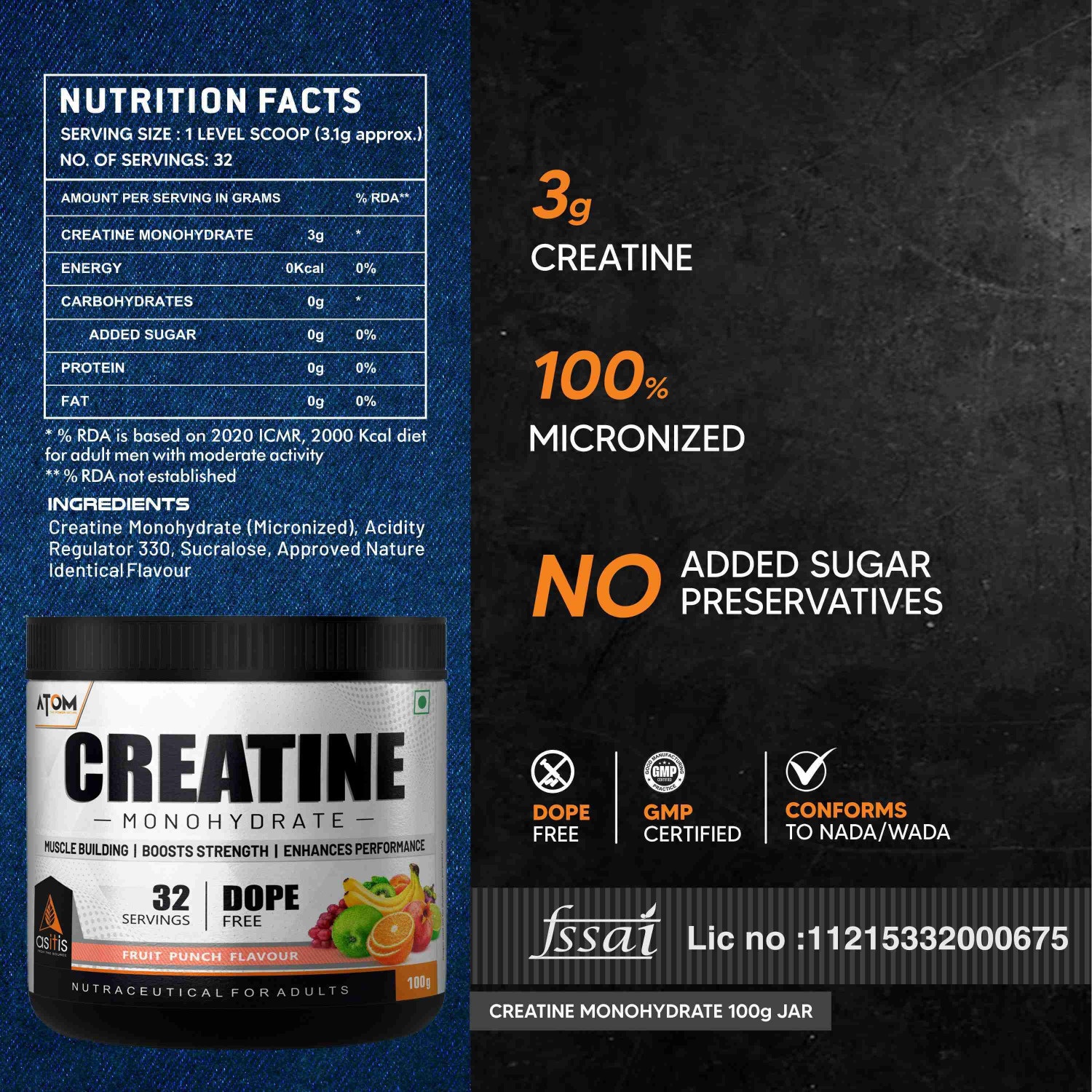 Image of AS-IT-IS Nutrition One Creatine Monohydrate + ATOM Creatine Monohydrate Supports Muscle Growth Creatine
