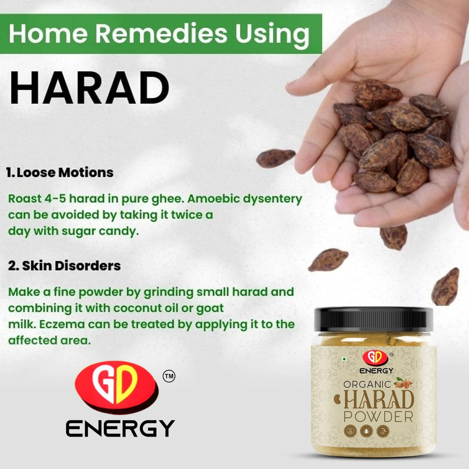 Image of Gd Energy Harad /Haritaki Powder (500 Grams) | Jaivik Bharat Certified | Terminalia Che Energy Bars