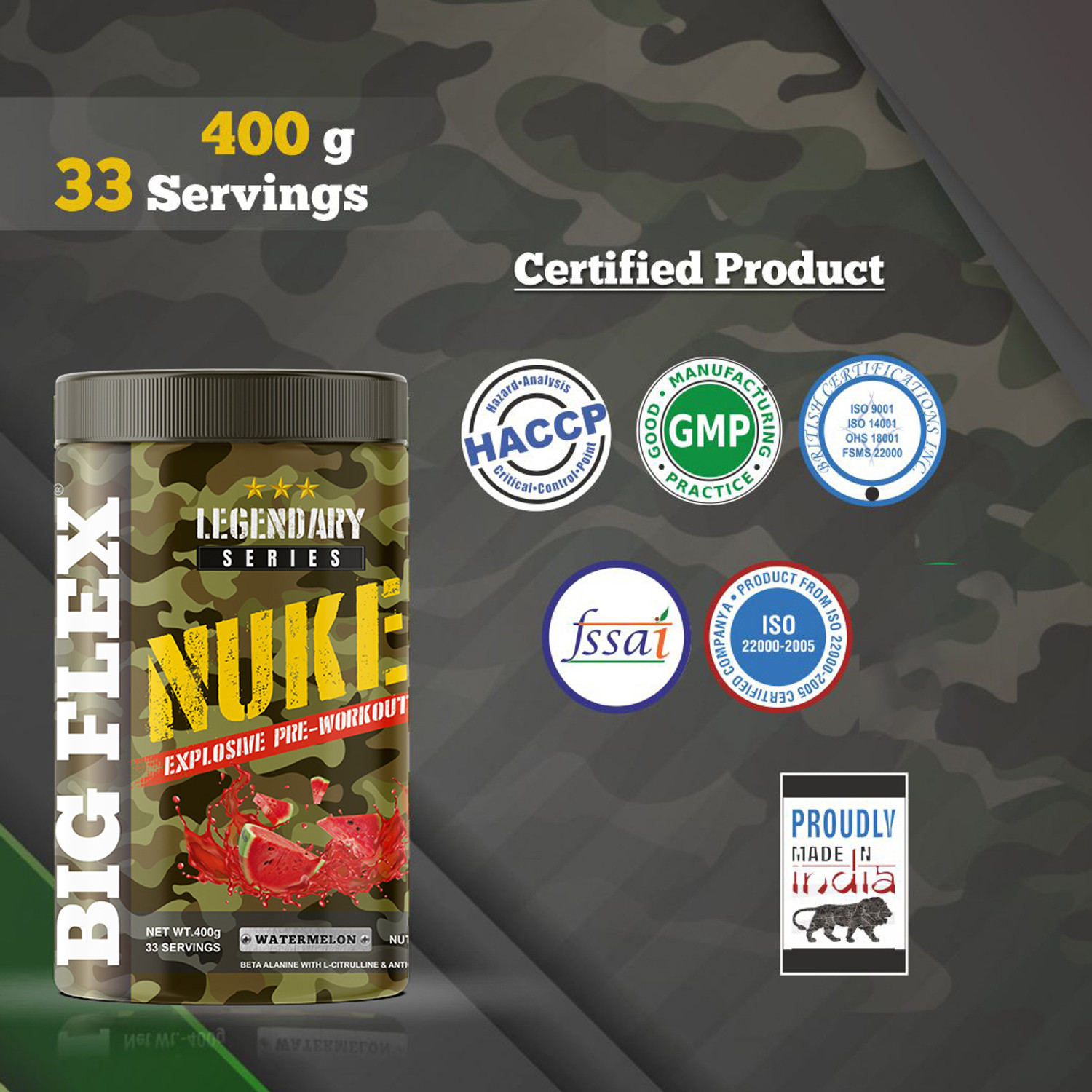 Image of Bigflex Nuke Pre Workout - Watermelon Flavour (400 Gm) - L - Citrulline - Creatine HCL Creatine