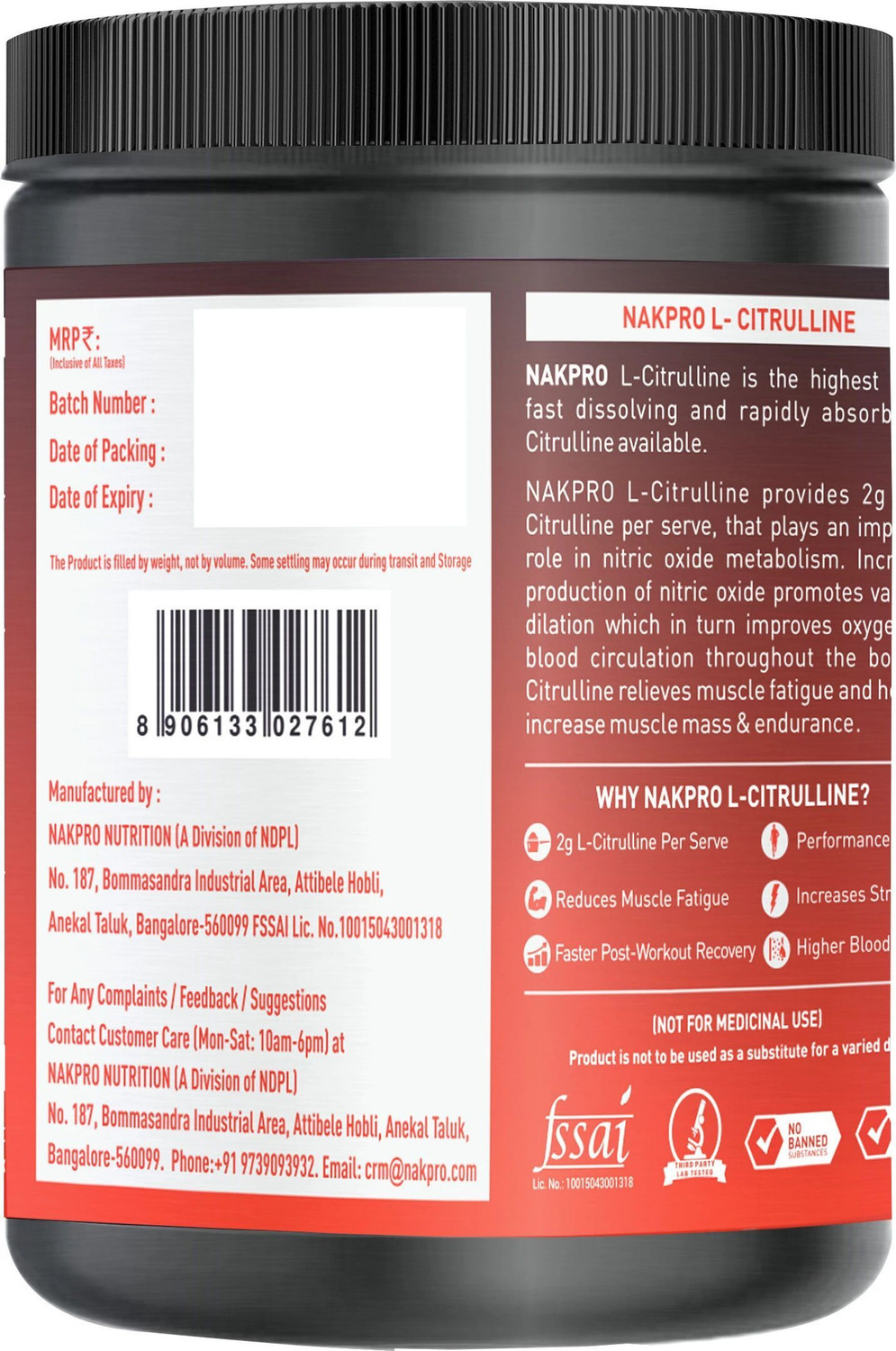 Image of Nakpro Pure L-Citrulline Powder Jar, Boosts Nitric Oxide | Muscle Strength & Endurance EAA (Essential Amino Acids)
