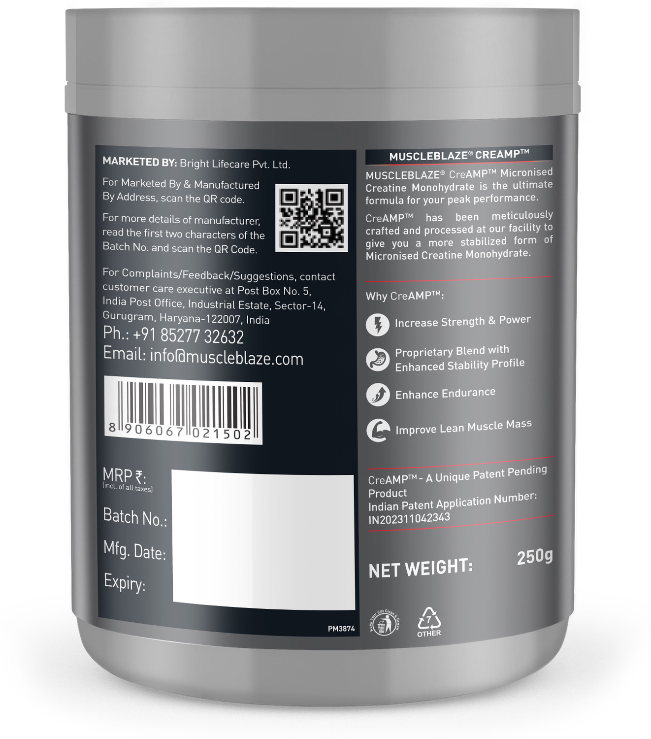Image of MUSCLEBLAZE Micronised Creatine Monohydrate CreAMP, Trustified Certified & Gym Steel Shaker Creatine