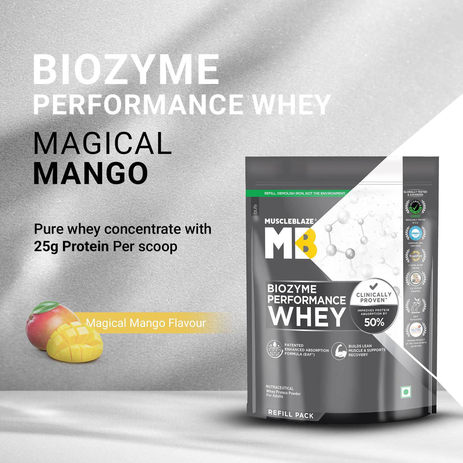 MUSCLEBLAZE Biozyme Performance Whey Protein Refill Pack, 25g - Image 2