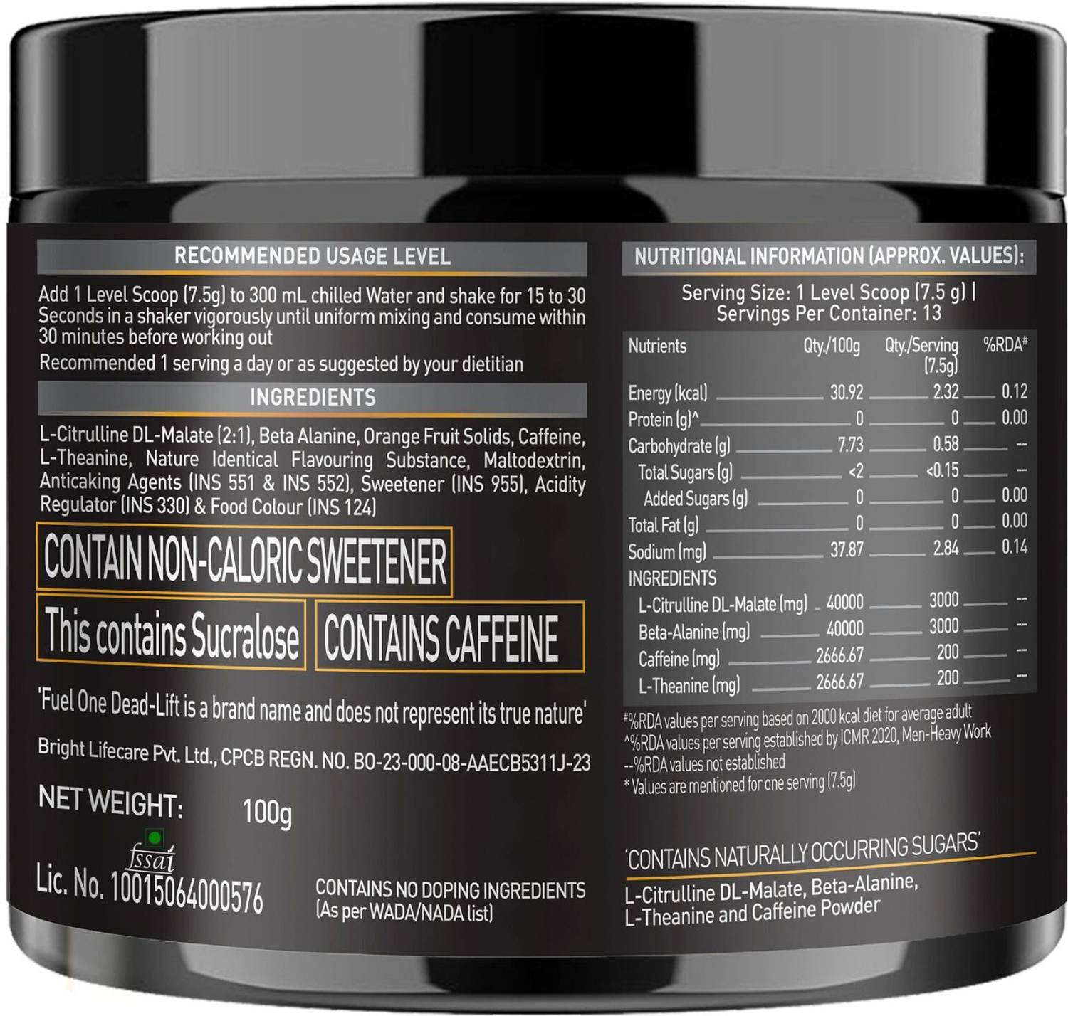 FUELONE Dead-Lift Pre Workout | 200mg Caffeine, 200mg L-Theanine