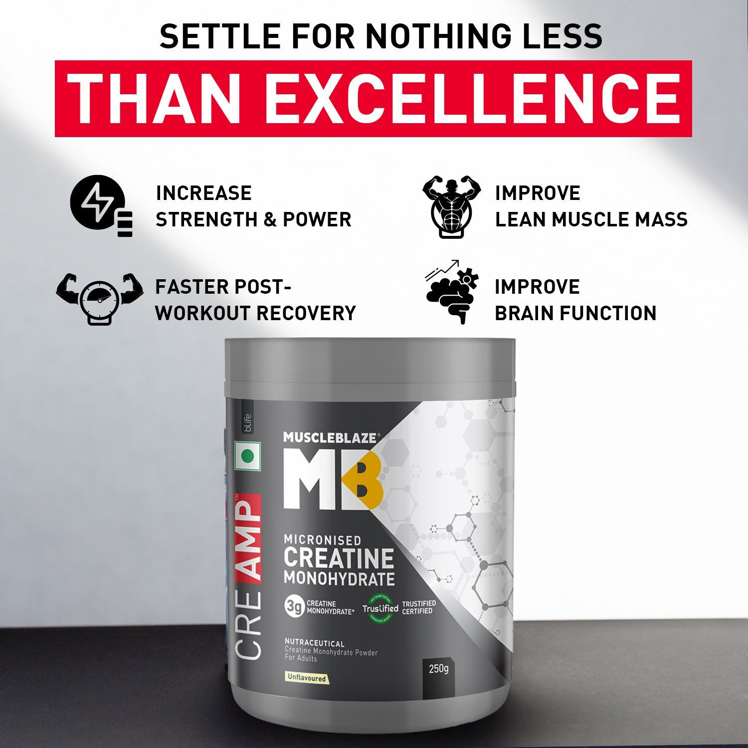 Image of MUSCLEBLAZE Micronised Creatine Monohydrate CreAMP, Trustified Certified & Gym Steel Shaker Creatine