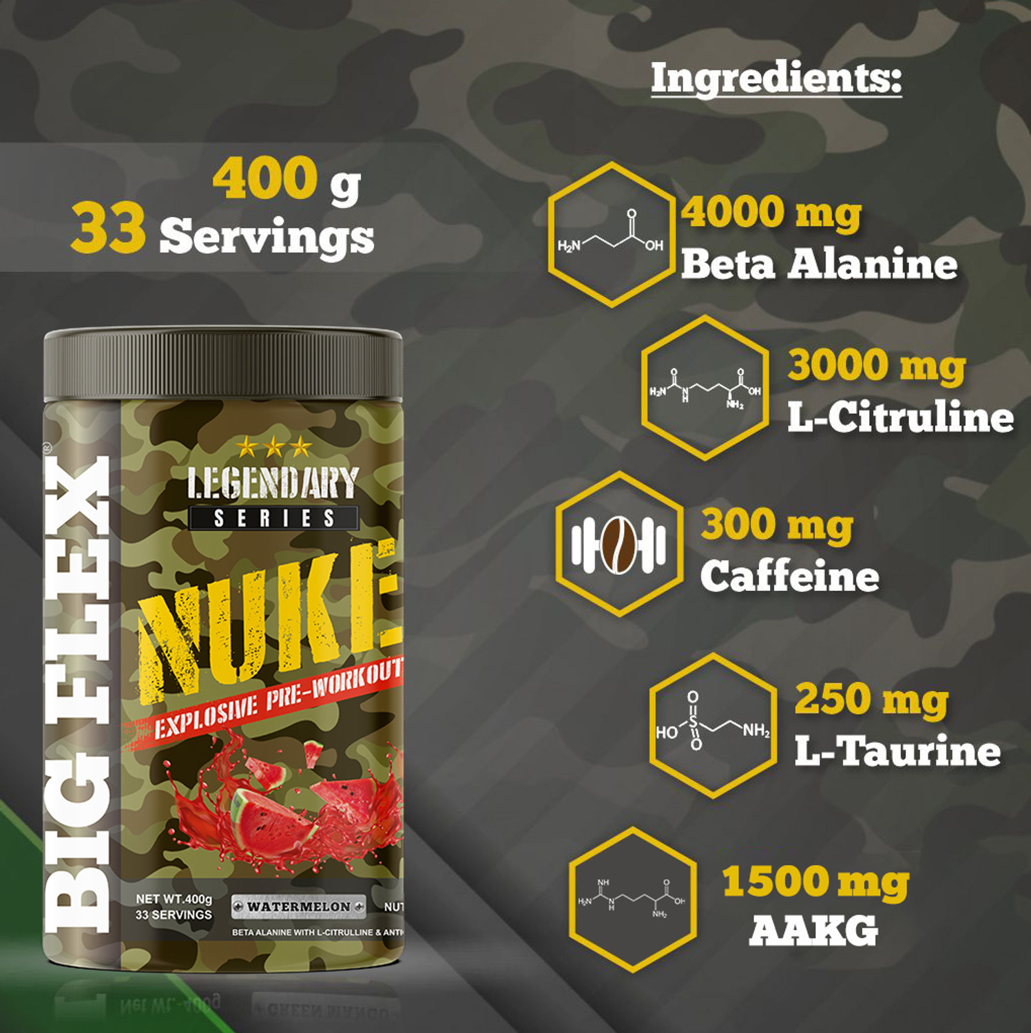 Image of Bigflex Nuke Pre Workout - Watermelon Flavour (400 Gm) - L - Citrulline - Creatine HCL Creatine