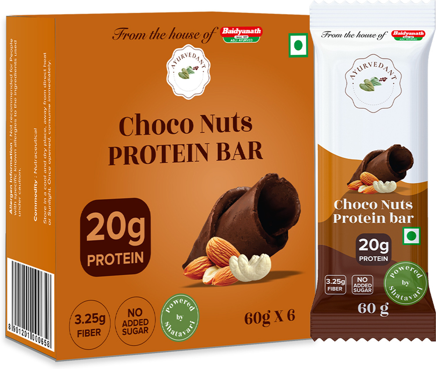 Image of Baidyanath Ayurvedant Choco Nuts Pack of 6 Protein Bars