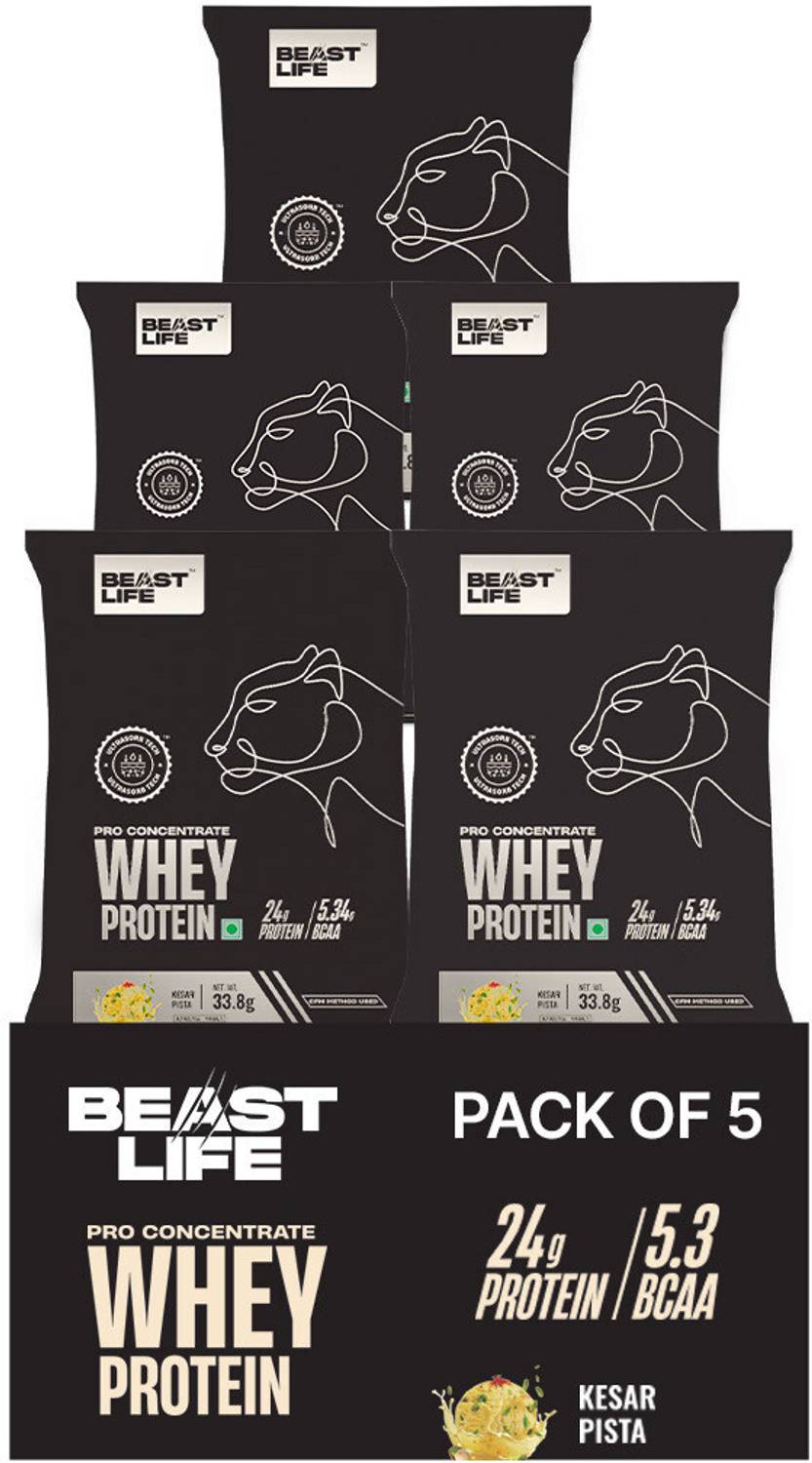BeastLife 100% Whey Protein Sachets- 5 Sachets | 24g Protein | Easy to Carry Whey Protein