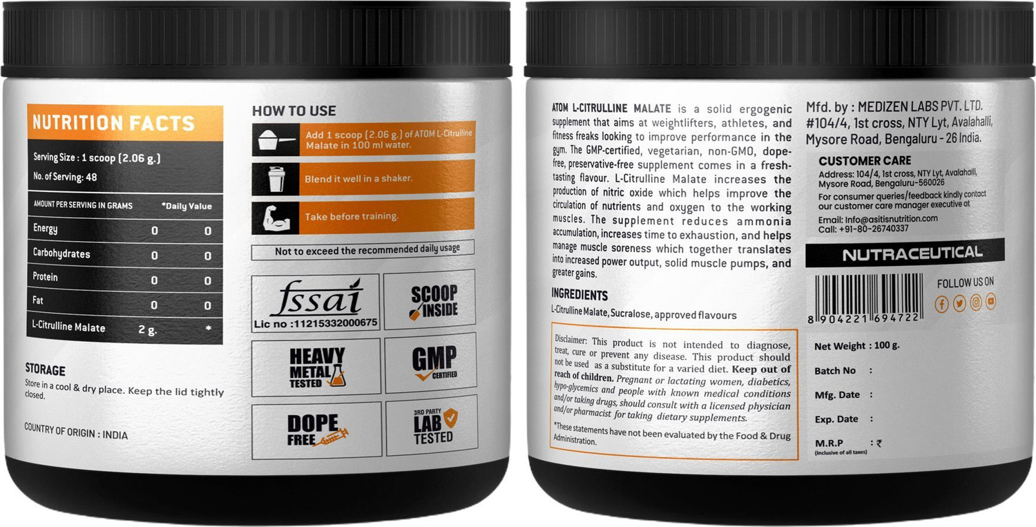 Image of AS-IT-IS Nutrition ATOM L Citrulline Malate 2:1 - 100gms | Builds Stamina | Classic Rose Flavour EAA (Essential Amino Acids)