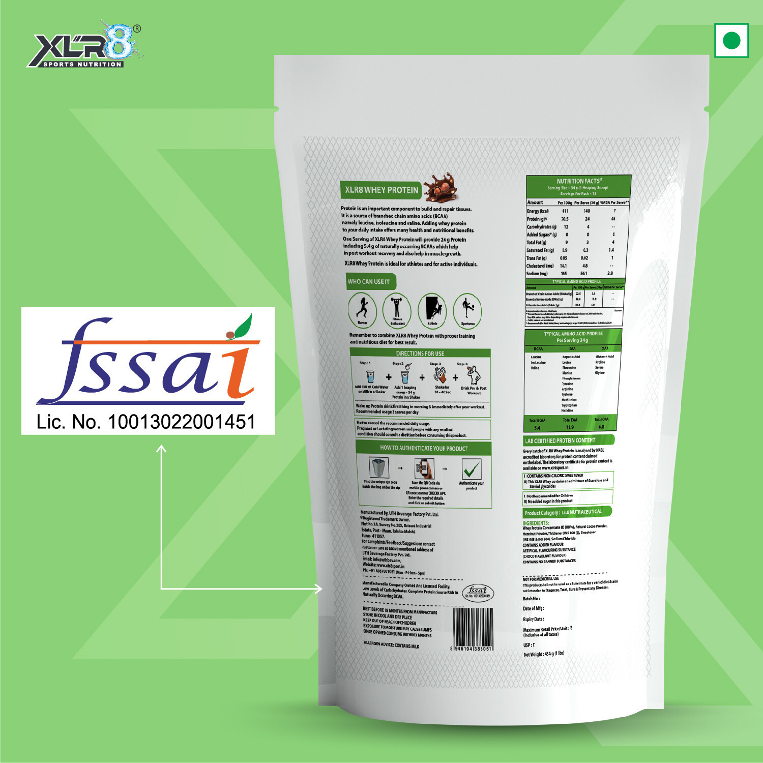 Image of XLR8 Whey Protein with 24 g protein, 5.4 g BCAA - 1 lbs / 454 g Whey Protein