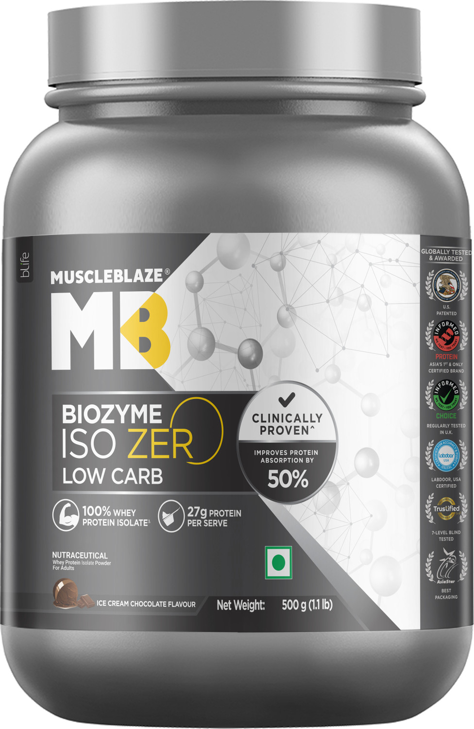 Image of MUSCLEBLAZE Biozyme Iso-Zero, Low Carb Isolate, 27g Per Scoop Whey Protein