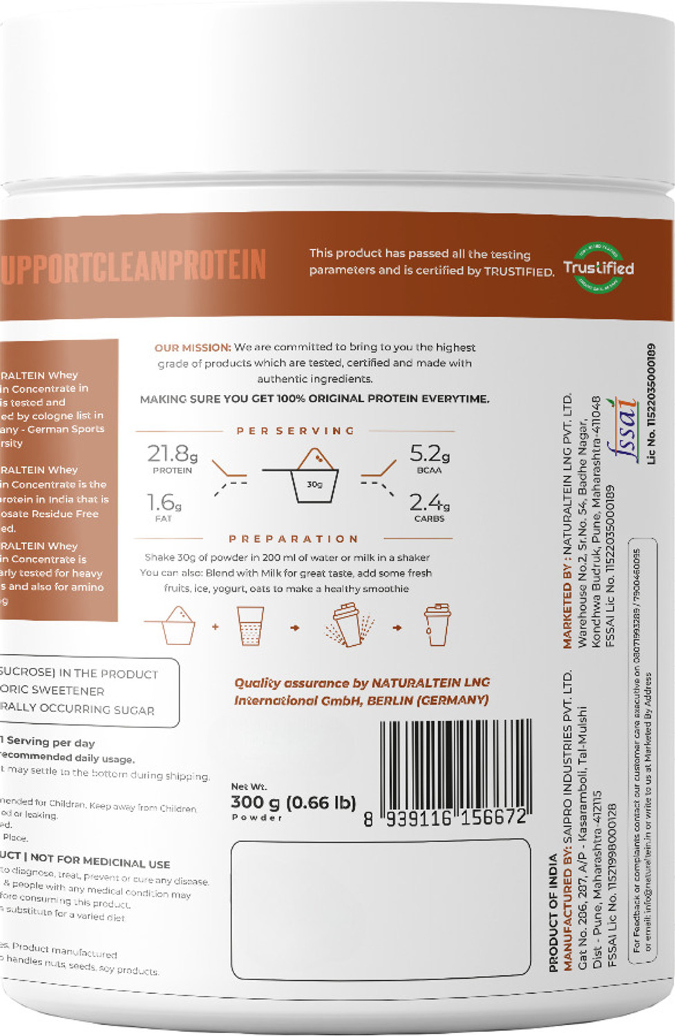 Image of NATURALTEIN Natural Whey Protein Concentrate Chocolate | 300g | Naturally Flavored Whey Protein
