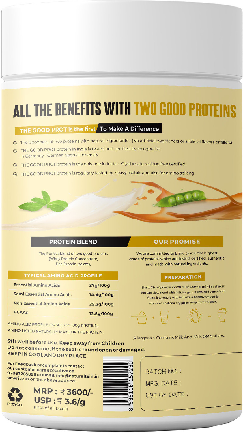 Image of NATURALTEIN Good Prot 1kg Vanilla Caramel | 22g Protein | Natural & Clean Blend Plant-Based Protein