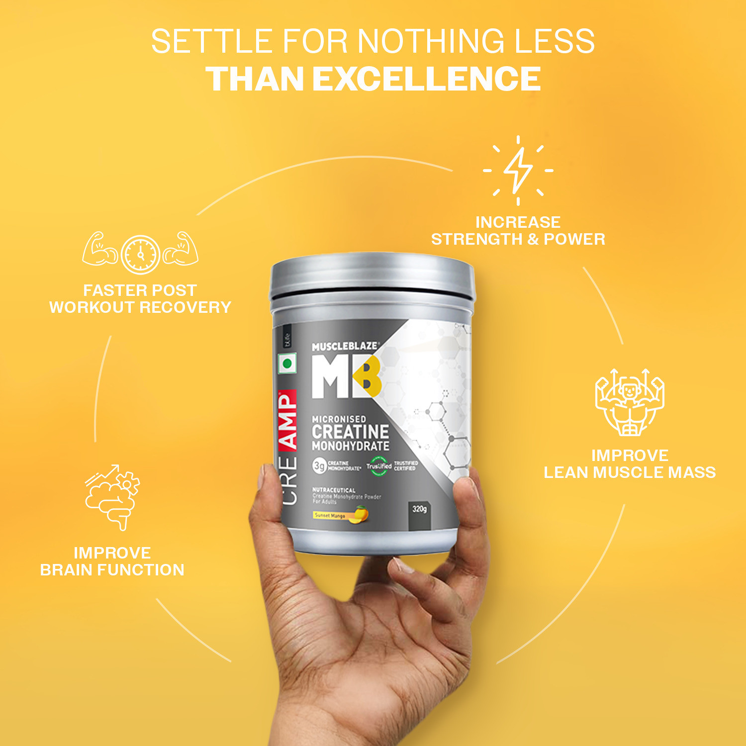 Image of MUSCLEBLAZE Micronised Creatine Monohydrate CreAMP, Trustified Certified & Gym Steel Shaker Creatine