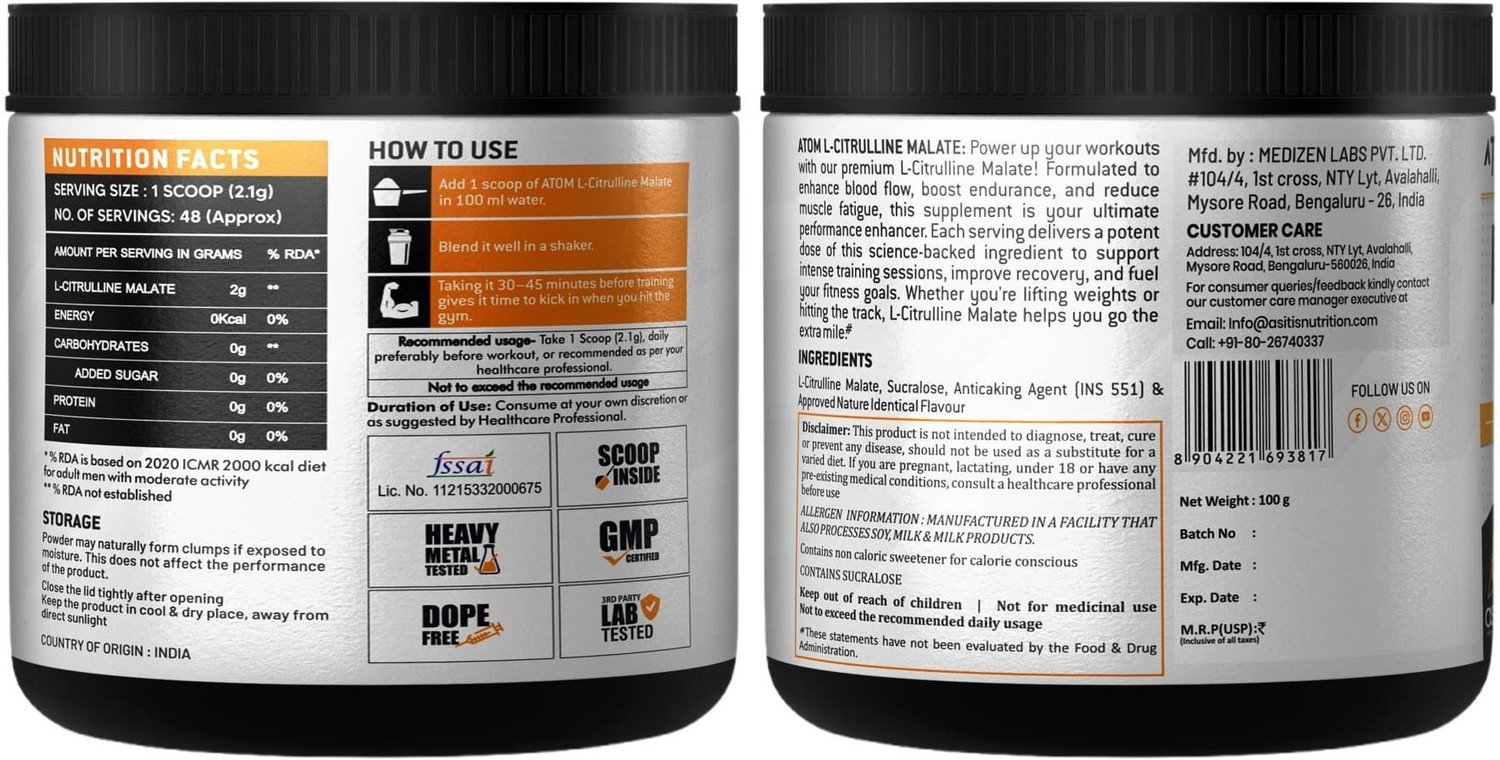 Image of AS-IT-IS Nutrition ATOM L-Citrulline Malate Powder 2000mg Pre-Workout 100gm, Green Apple EAA (Essential Amino Acids)