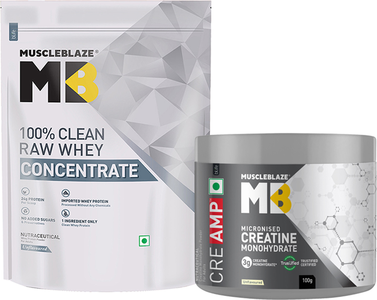 Image of MUSCLEBLAZE 100% Clean Raw Concentrate, 1 kg with Creatine Monohydrate CreAMP, 100 g Whey Protein