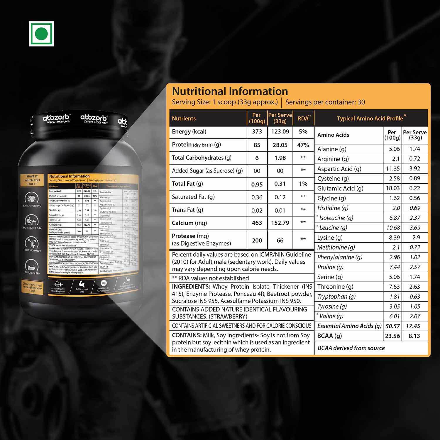 Image of Abbzorb Whey Isolate28.05gProtein|8.13g bcaa|with Digestive Enzymes 1kg Strawberry Whey Protein