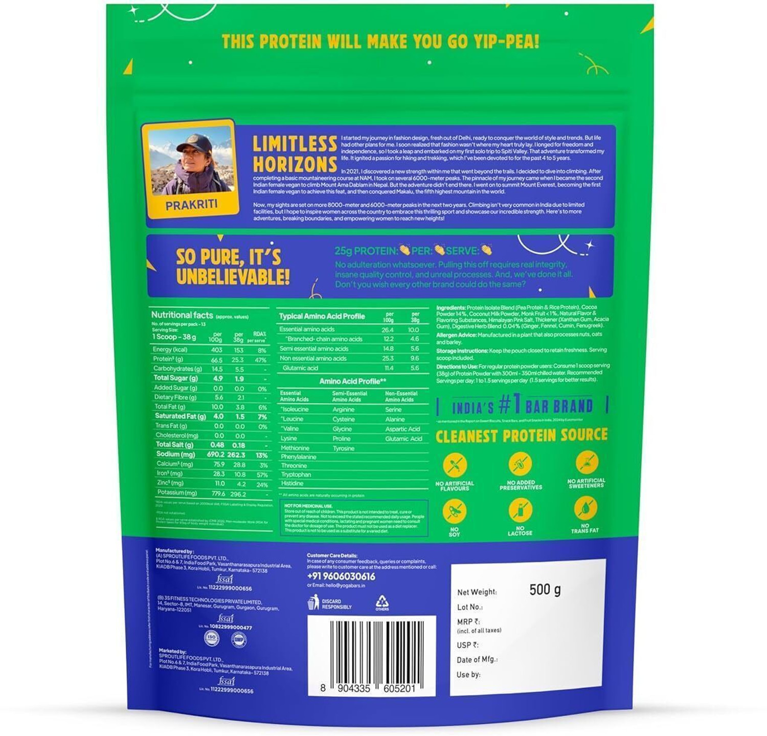 Image of Yogabar ProClean Plant Protein Chocolate (FREE Creatine 114g) - 25g Protein Per Serve Protein Blends