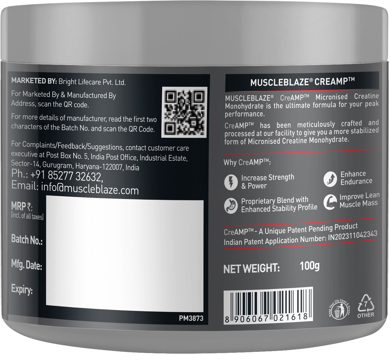 Image of MUSCLEBLAZE 100% Clean Raw Concentrate, 1 kg with Creatine Monohydrate CreAMP, 100 g Whey Protein