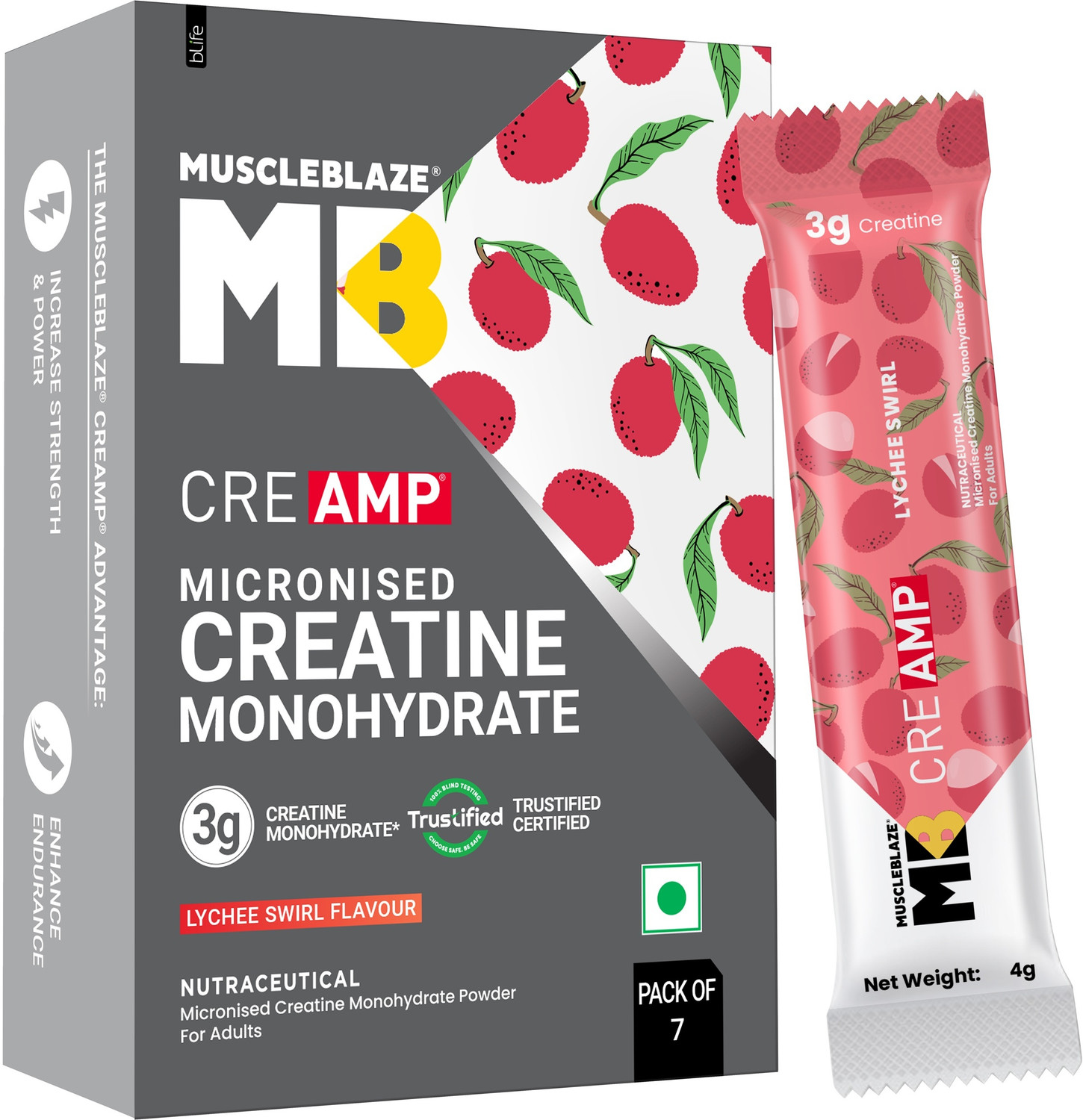 Image of MUSCLEBLAZE Micronised Creatine Monohydrate CreAMP Powder, 7 Sachets | Trustified Certified Creatine