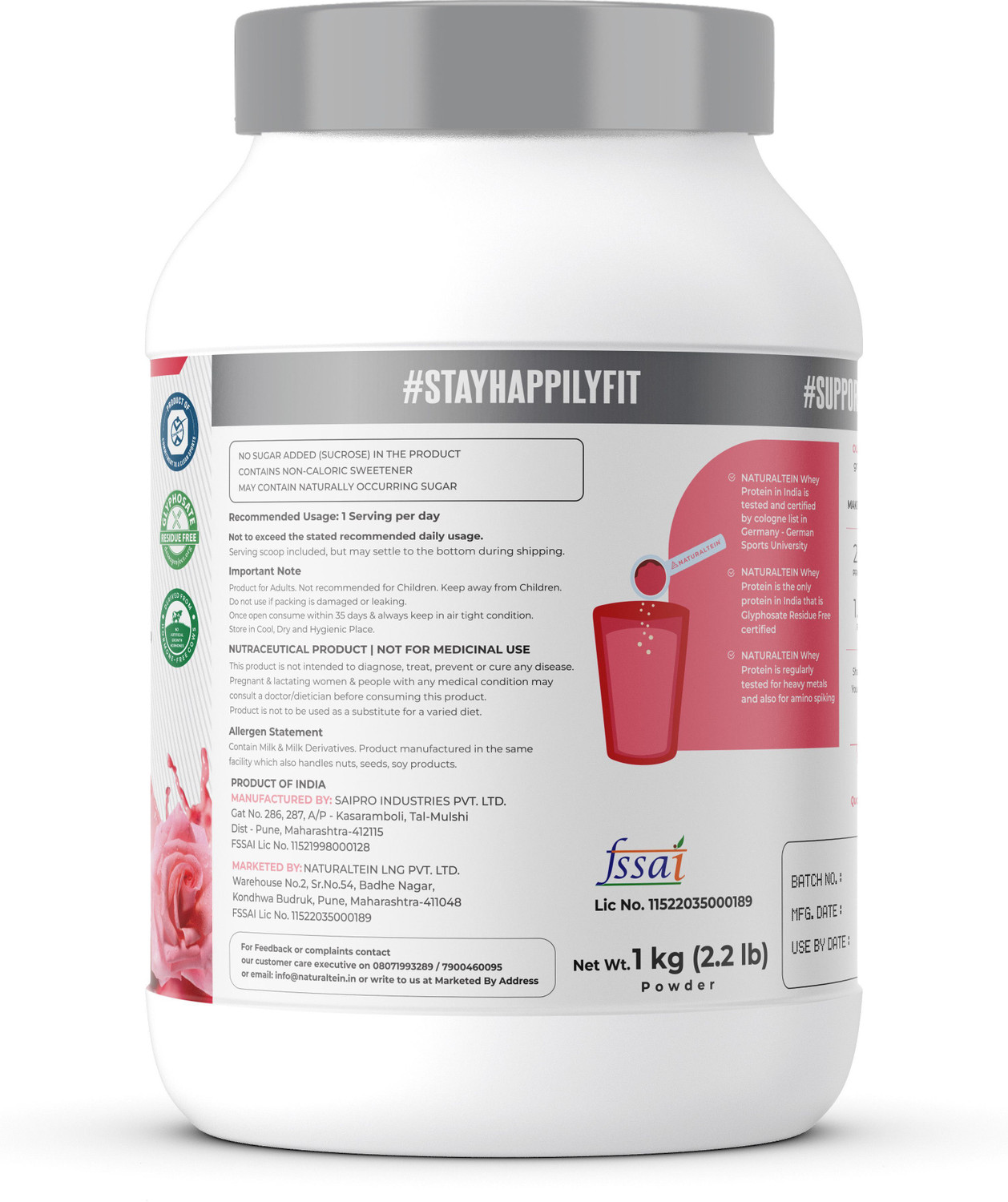 Image of NATURALTEIN Natural Whey 1kg| Max Rose Kulfi| 24g Protein| Stevia| Gluten & Soy Free Whey Protein