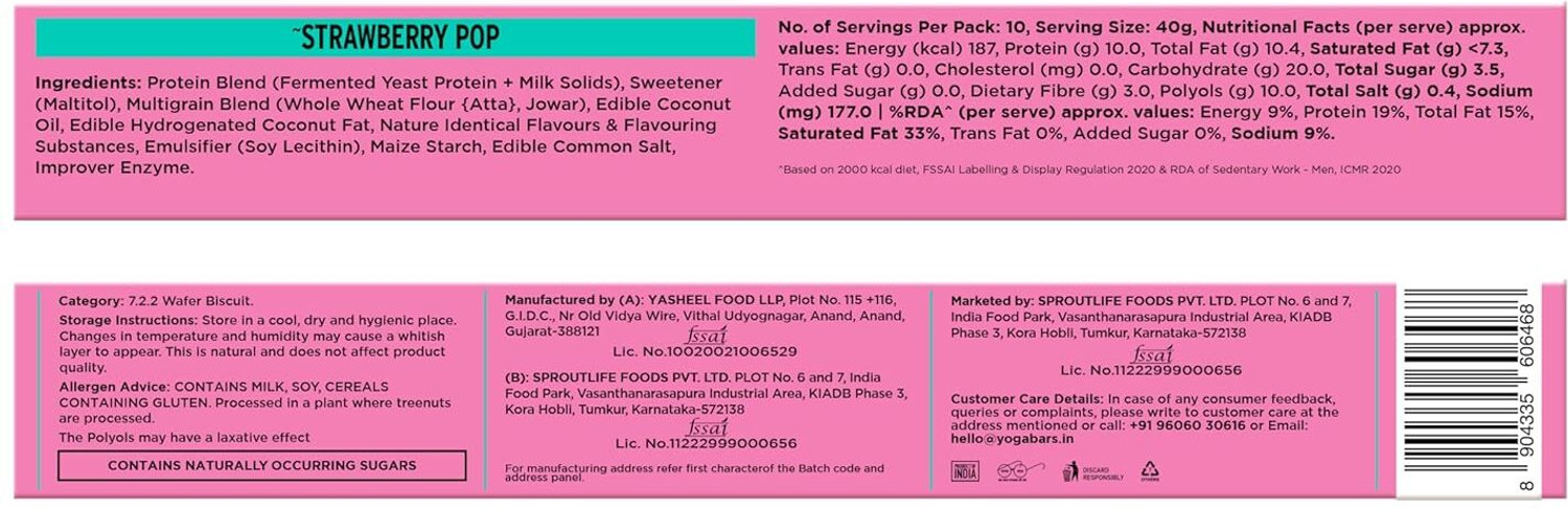 Image of Yogabar 10g Protein Wafer Bars|Strawberry Pop|Goodness of Millets|0% Maida|10 Protein Wafer