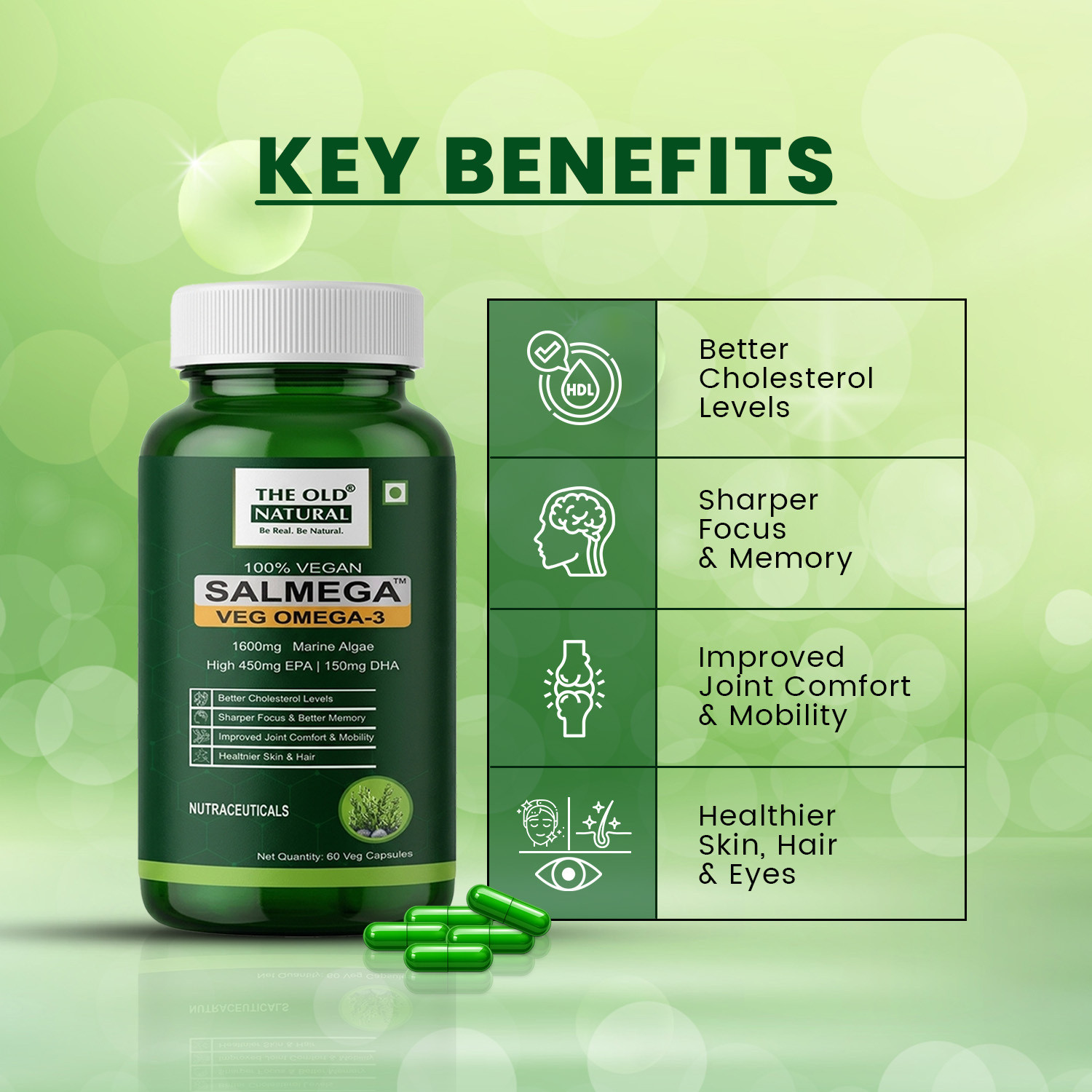 Image of The Old Natural Salmega Omega 3 1600mg | Algae DHA EPA Supplement | Plant Based 60 Capsules Plant-Based Protein