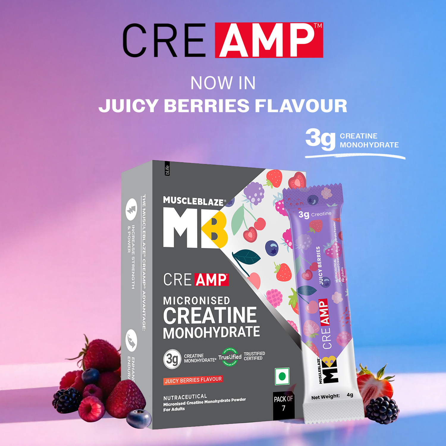 Image of MUSCLEBLAZE Micronised Creatine Monohydrate CreAMP Powder, 7 Sachets | Trustified Certified Creatine