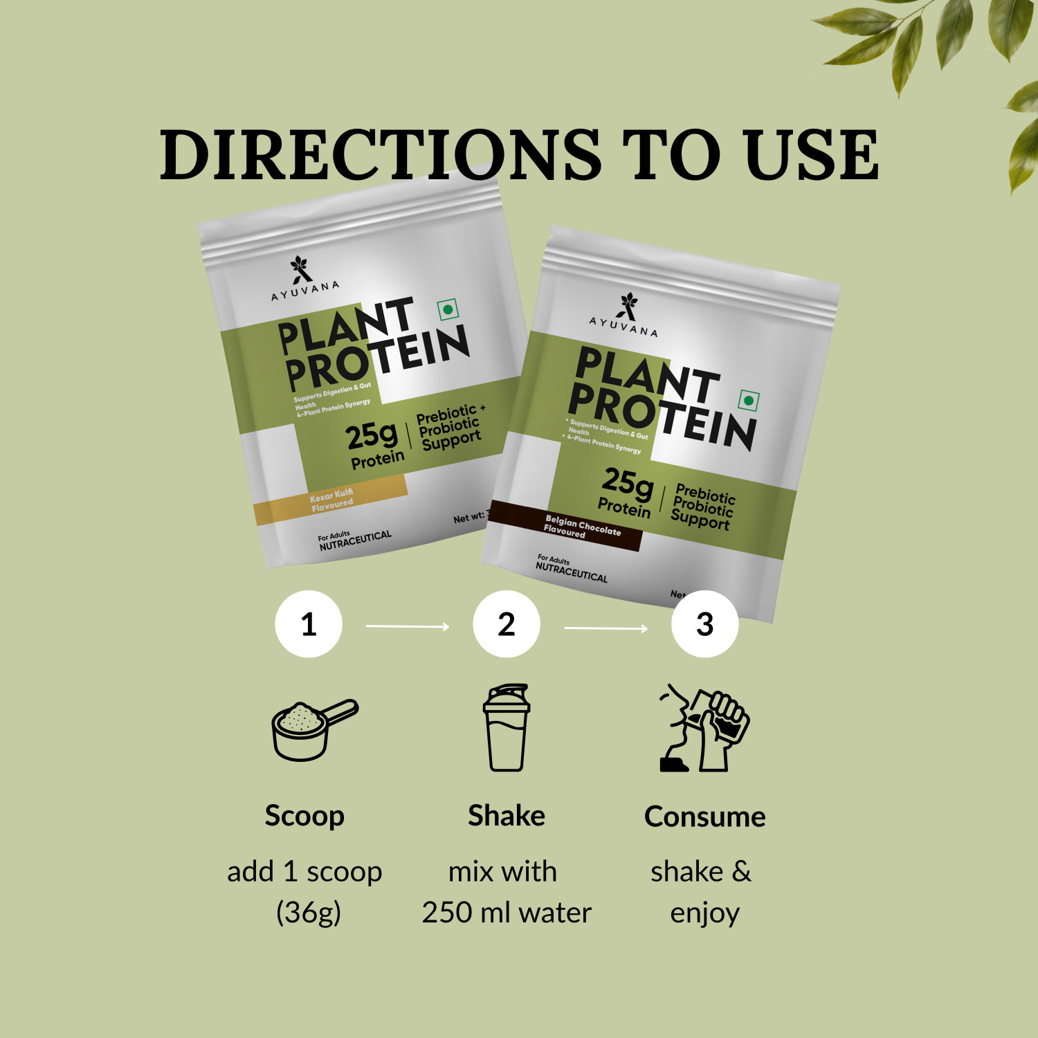 Image of Ayuvana Plant Protein Powder, 24g Protein Per Serving, 180g (5 x 36g Sachets) Plant-Based Protein