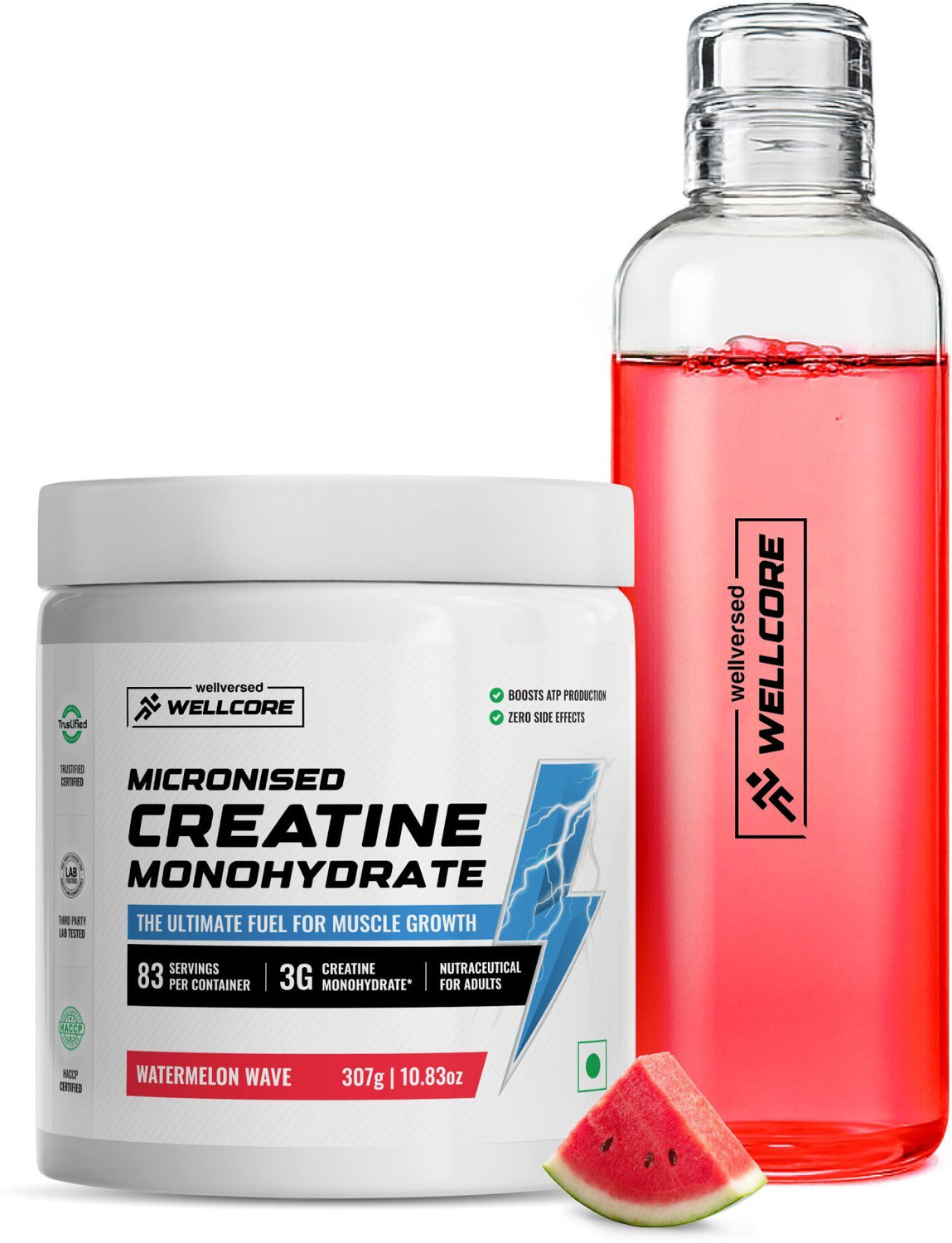 Image of Wellcore Micronised Creatine Monohydrate (307g, Watermelon Wave) + Premium Glass Bottle | Creatine