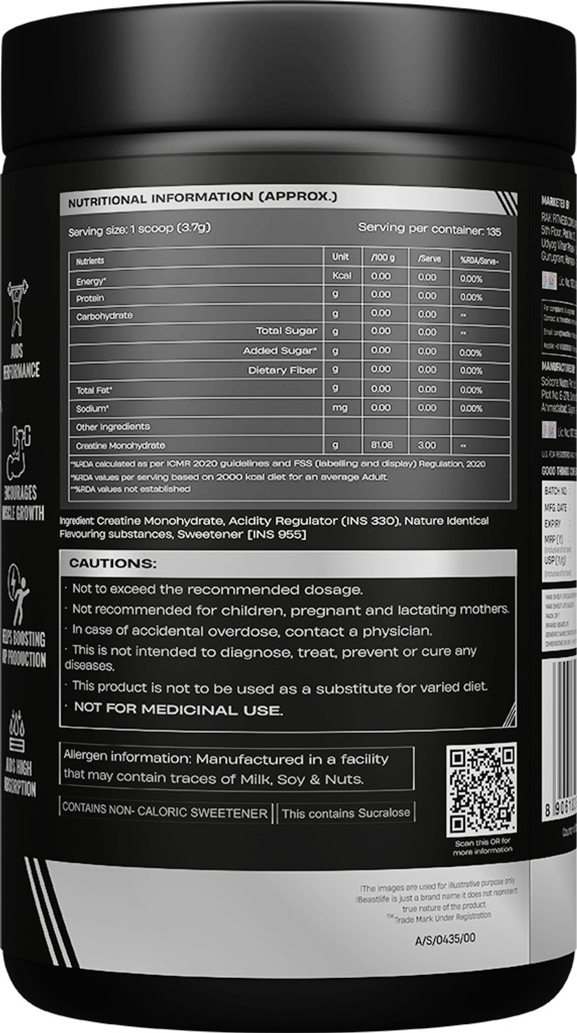 Image of BeastLife Creatine Monohydrate | 166 Servings | Micronised Creatine| NABL Lab Tested Creatine