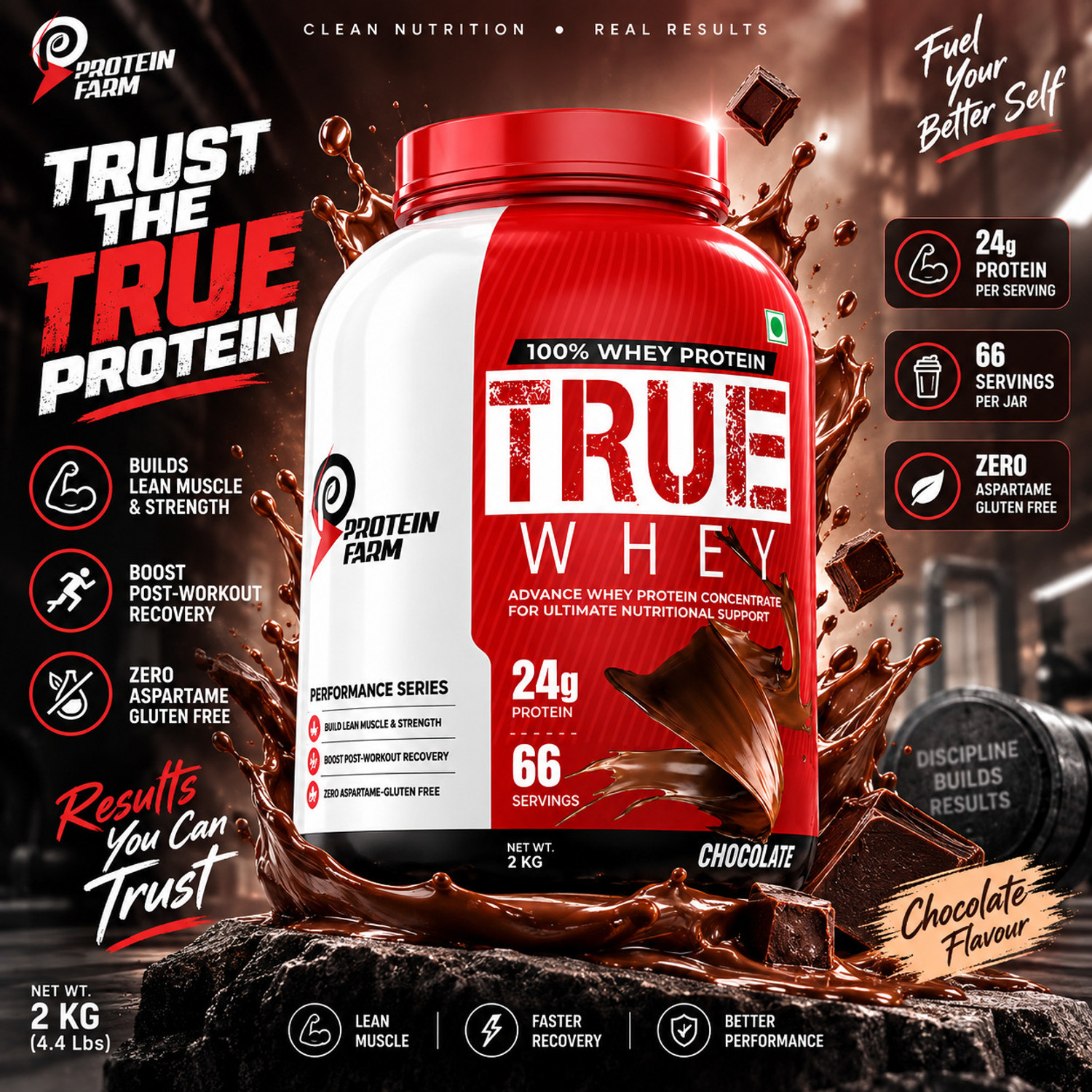 Image of PROTEINFARM TRUE WHEY Protein Power Chocolate , Blend of whey Concentrate, whey Isolate , Whey Protein