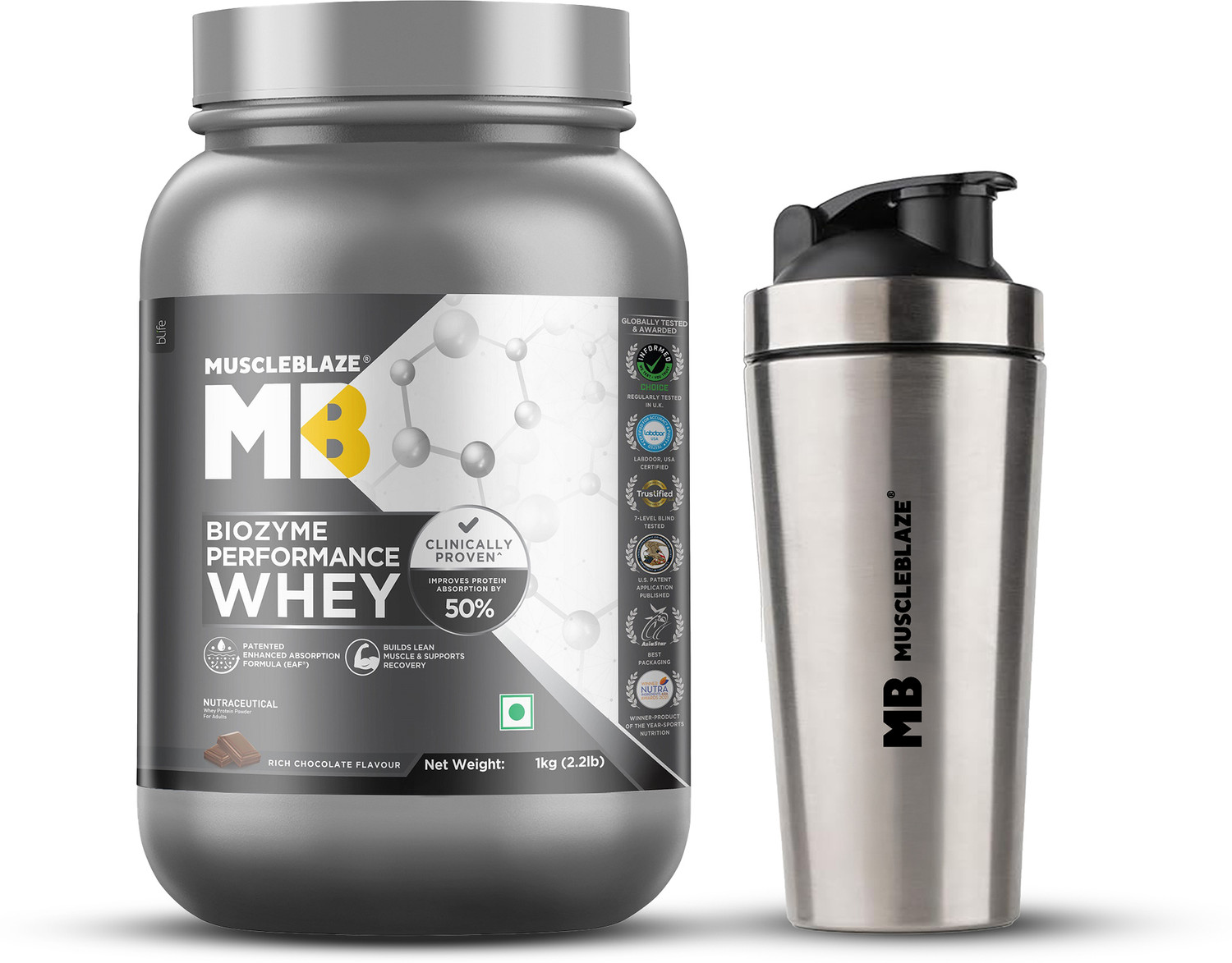 Image of MUSCLEBLAZE Biozyme Performance Whey Protein Powder, 25g Protein & Gym Steel Shaker Whey Protein