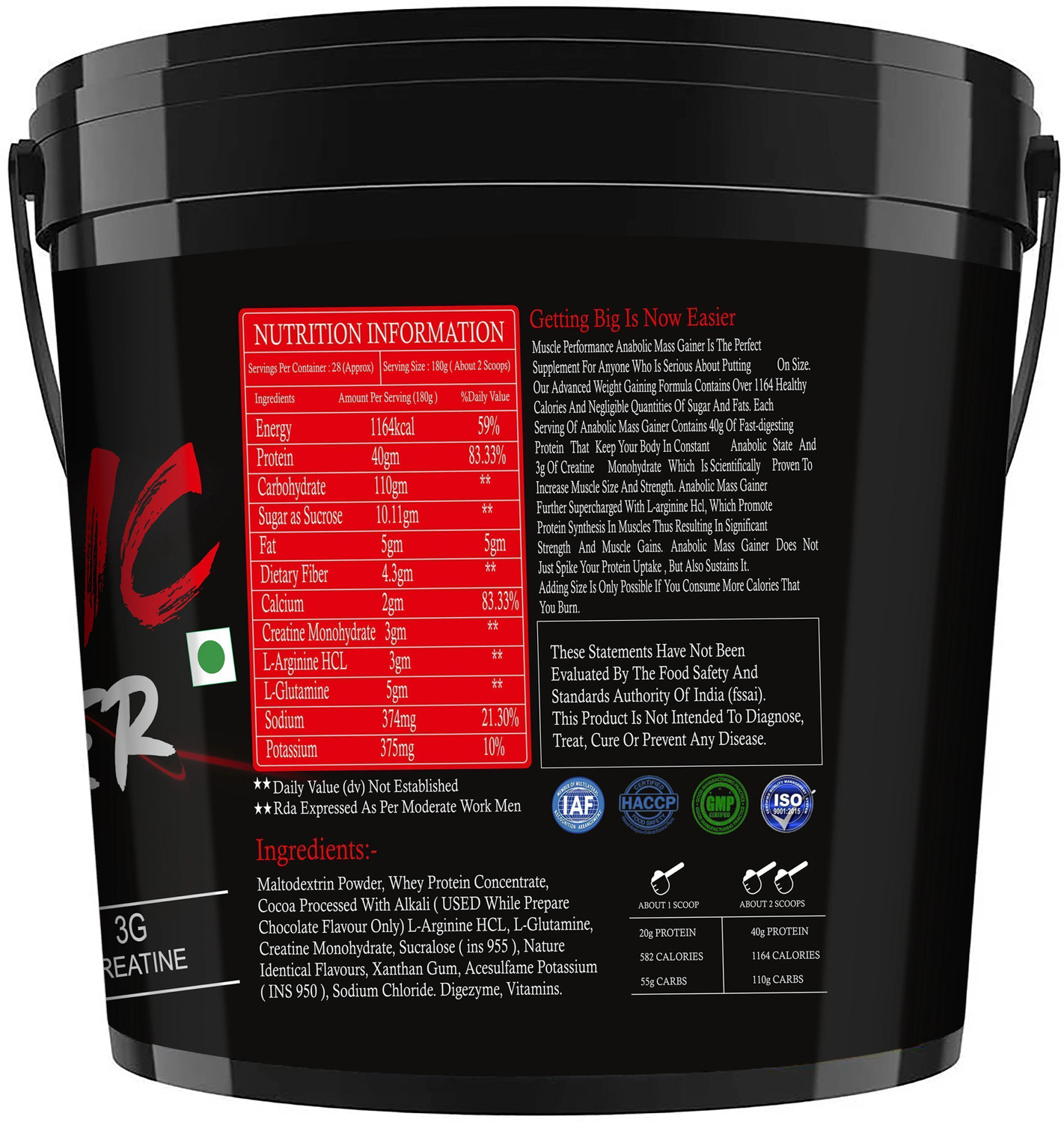 Image of Muscle Performance Anabolic Mass Gainer With 40g Protein, Added Vitamins, Probiotics, Enzymes Weight Gainers /Mass Gainers
