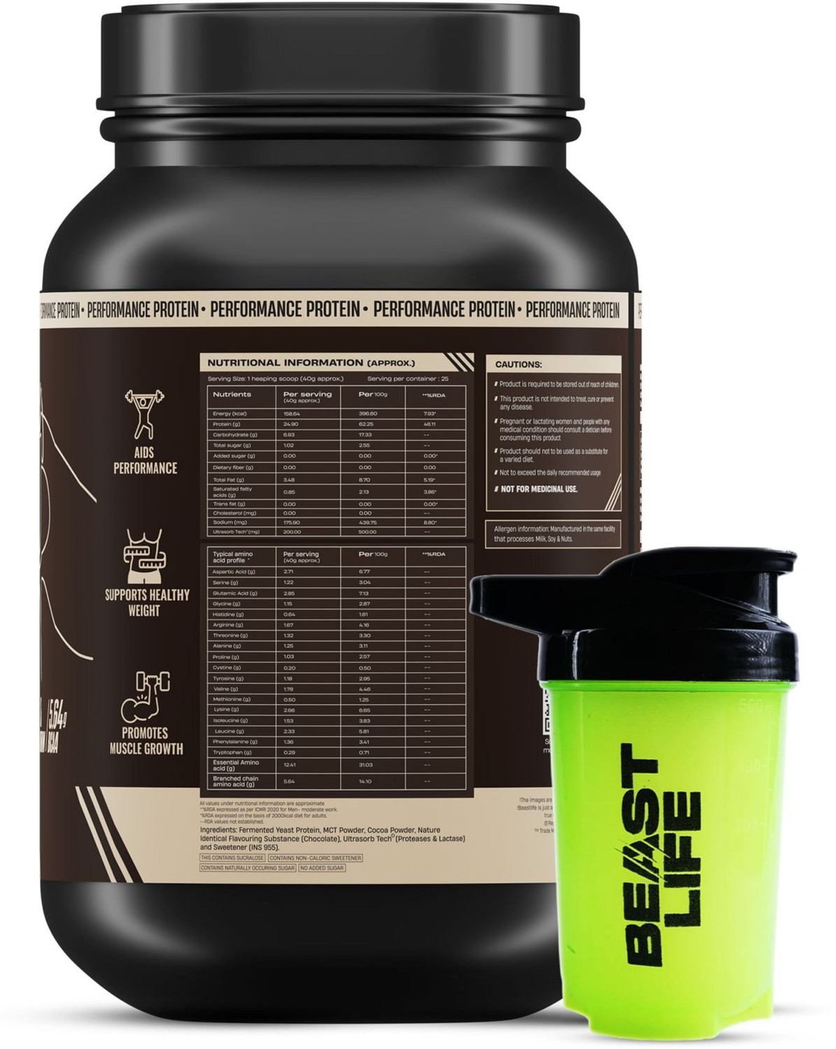 Image of BeastLife Performance Protein Powder with Shaker- 25g Protein, 5.64g BCAA- Yeast Protein Yeast Protein