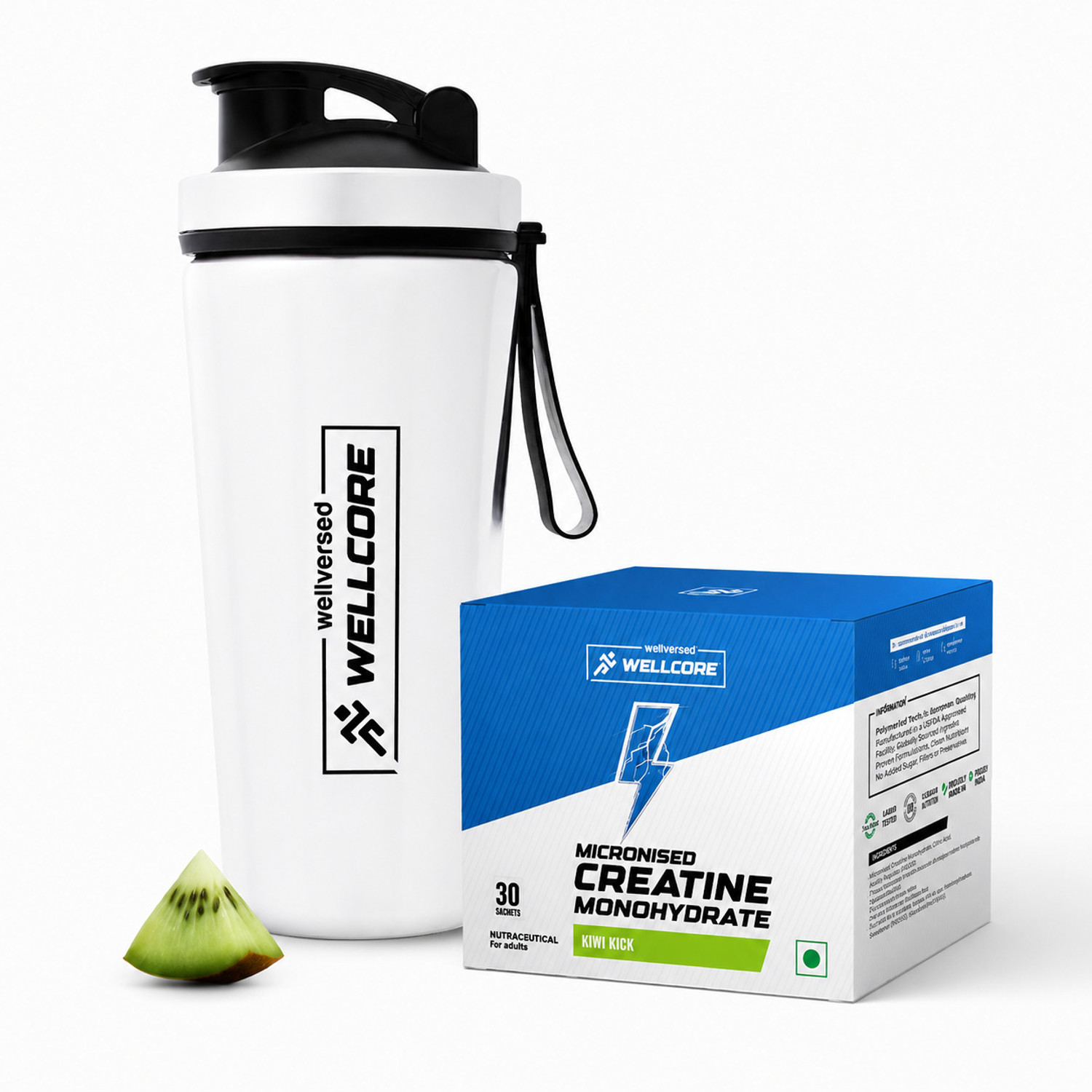 Image of Wellcore Micronized Creatine Monohydrate Sachets (Pack of 30) + Steel Shaker (700ml) | Creatine