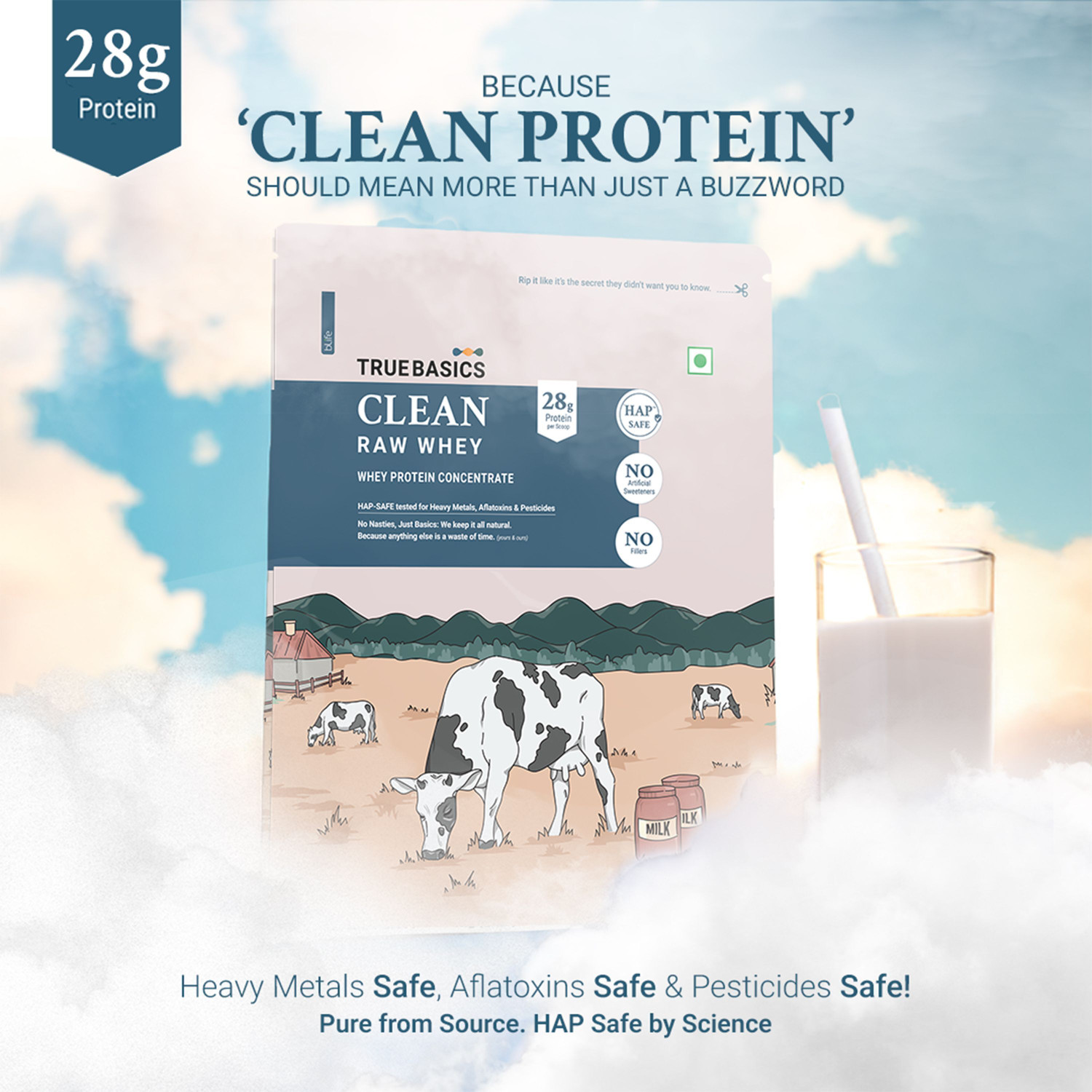 Image of TrueBasics Clean Raw Whey Protein Concentrate Powder | 28g Protein per Scoop Whey Protein