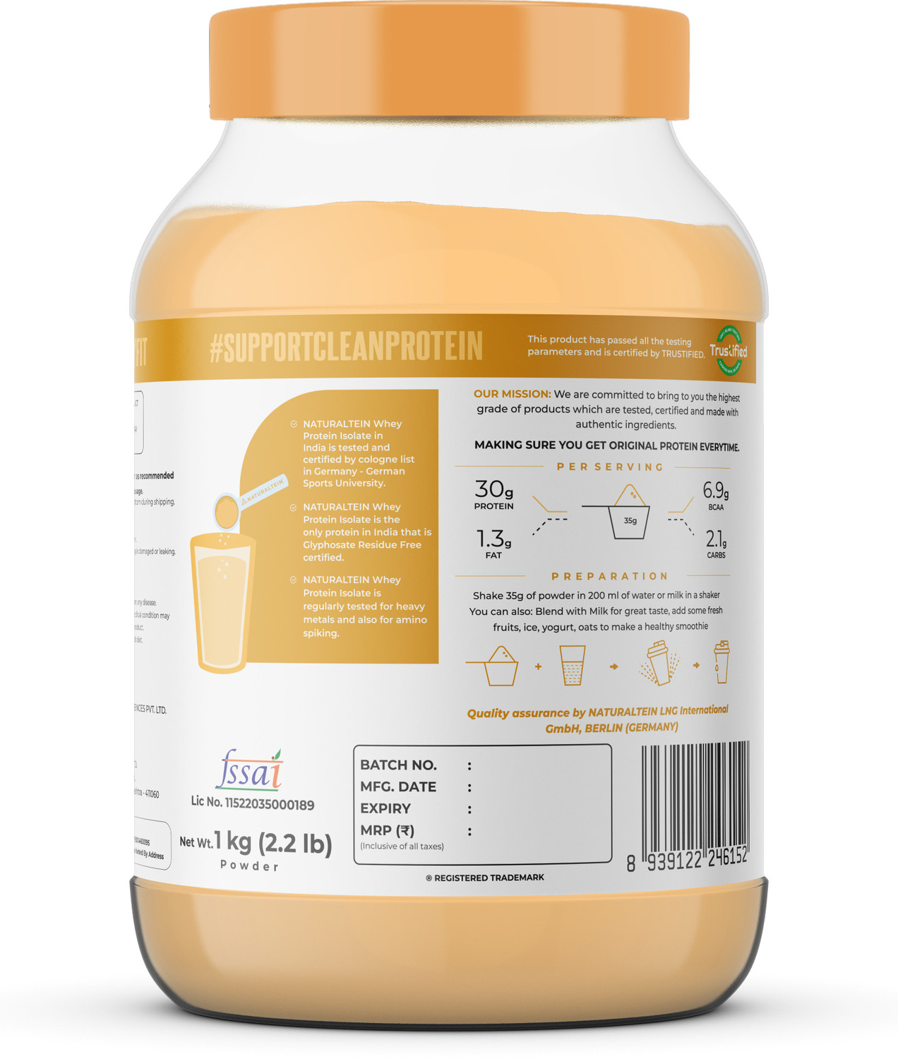Image of NATURALTEIN Whey Isolate Mango Delight | 30g Protein | Natural & Clean Whey Protein