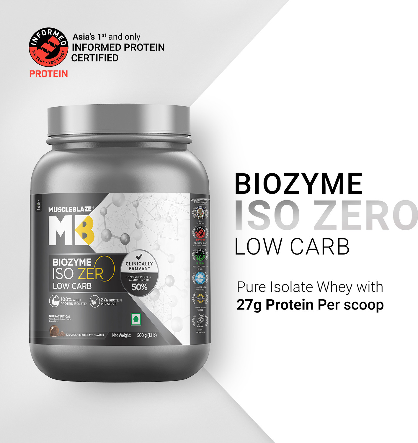 Image of MUSCLEBLAZE Biozyme Iso-Zero, Low Carb Isolate, 27g Per Scoop Whey Protein