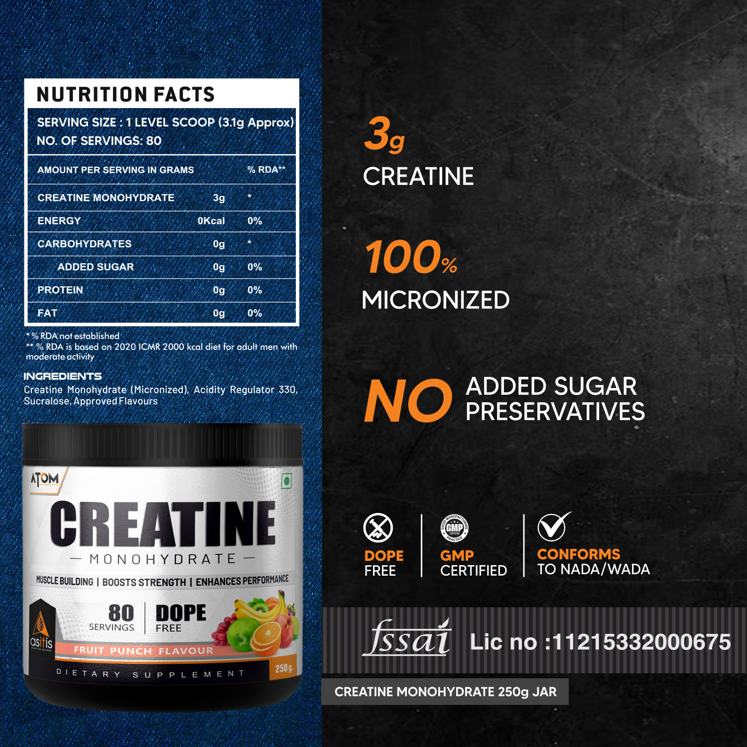 Image of AS-IT-IS Nutrition One Creatine Monohydrate + ATOM Creatine Monohydrate Supports Strength & Growth Creatine
