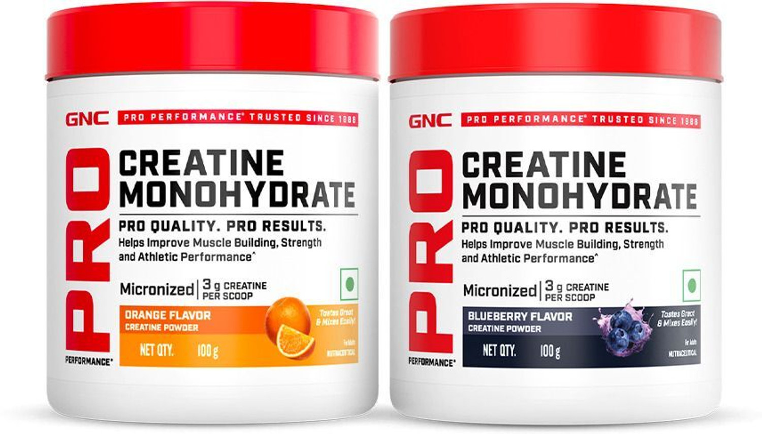Image of GNC Creatine Monohydrate (100g, Orange) + Creatine Monohydrate (100g, Blueberry) Creatine