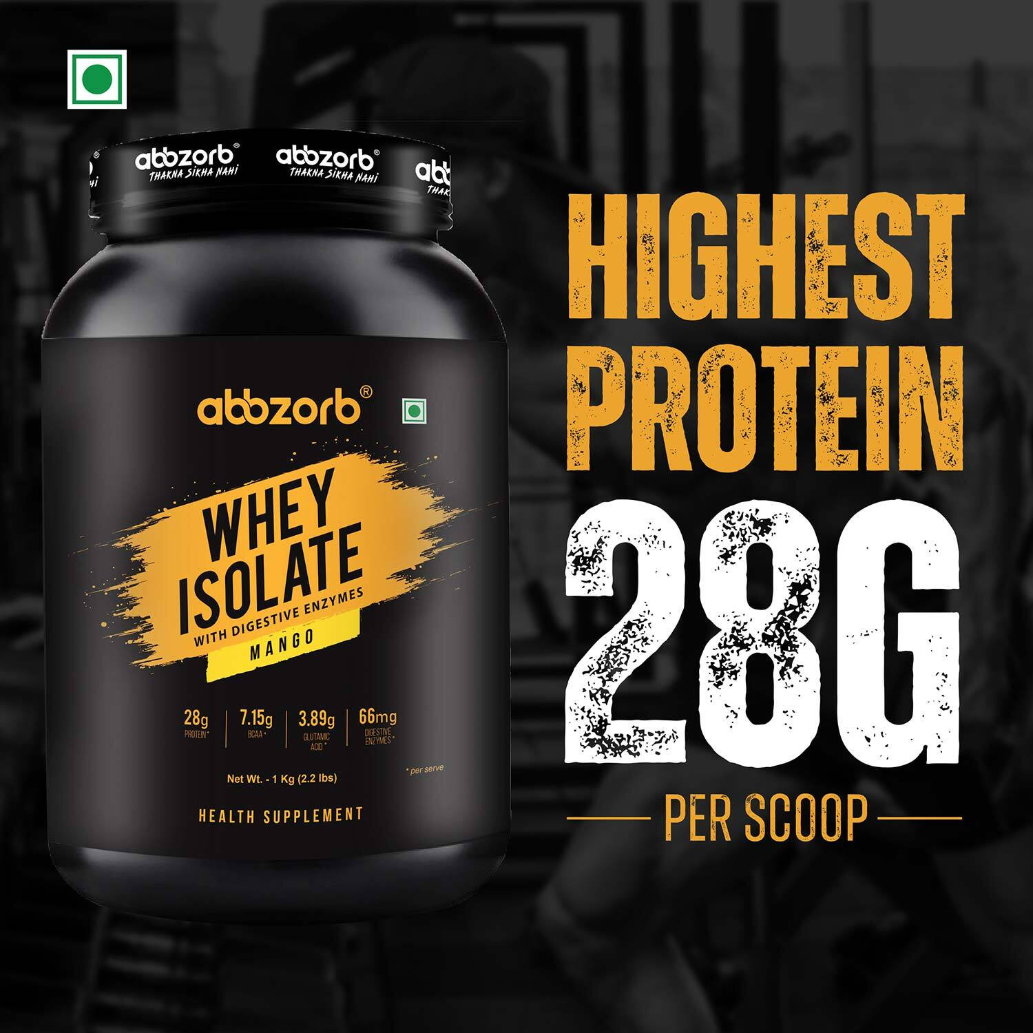 Image of Abbzorb Whey Isolate28.05gProtein|8.13g bcaa|with Digestive Enzymes 1kg Mango Whey Protein