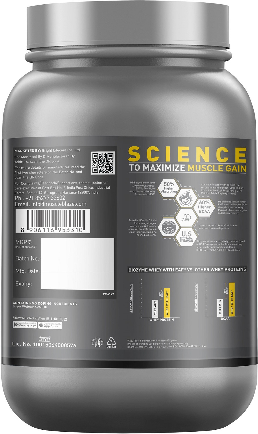 Image of MUSCLEBLAZE Biozyme Performance Whey Protein Powder, 25g Protein & Gym Steel Shaker Whey Protein