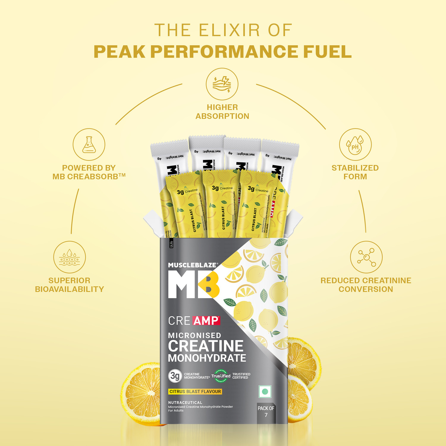 Image of MUSCLEBLAZE Micronised Creatine Monohydrate CreAMP Powder, 7 Sachets | Trustified Certified Creatine