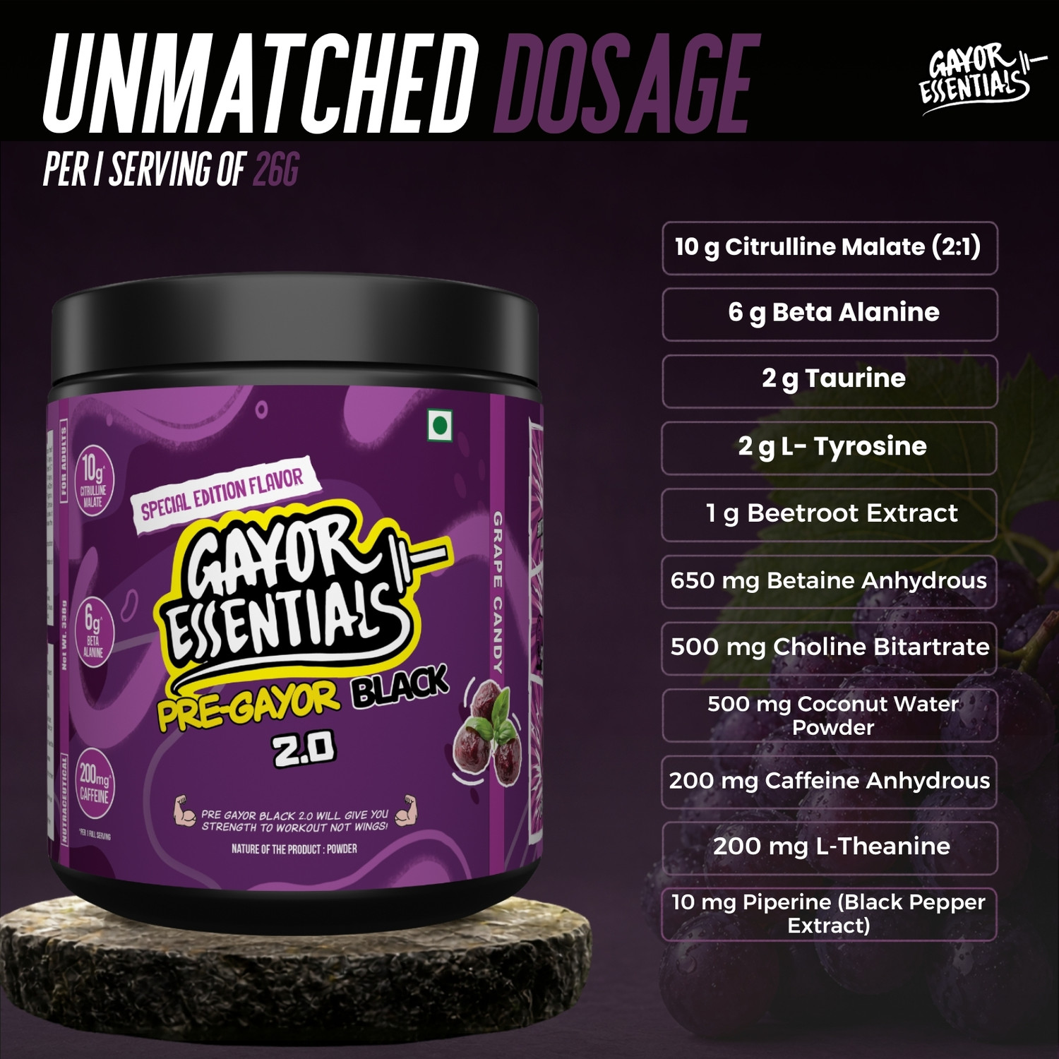 Image of gayor essentials Pre Black 2.0 High-Stim Energy, Focus & Pump Support Pre Workout