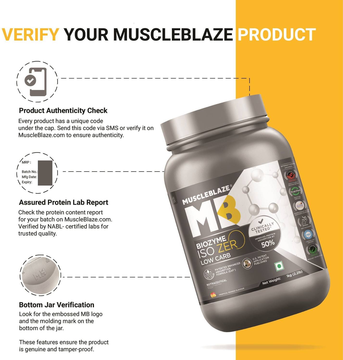 MUSCLEBLAZE Biozyme Iso-Zero Low Carb Whey Protein (27g/scoop) - Image 4