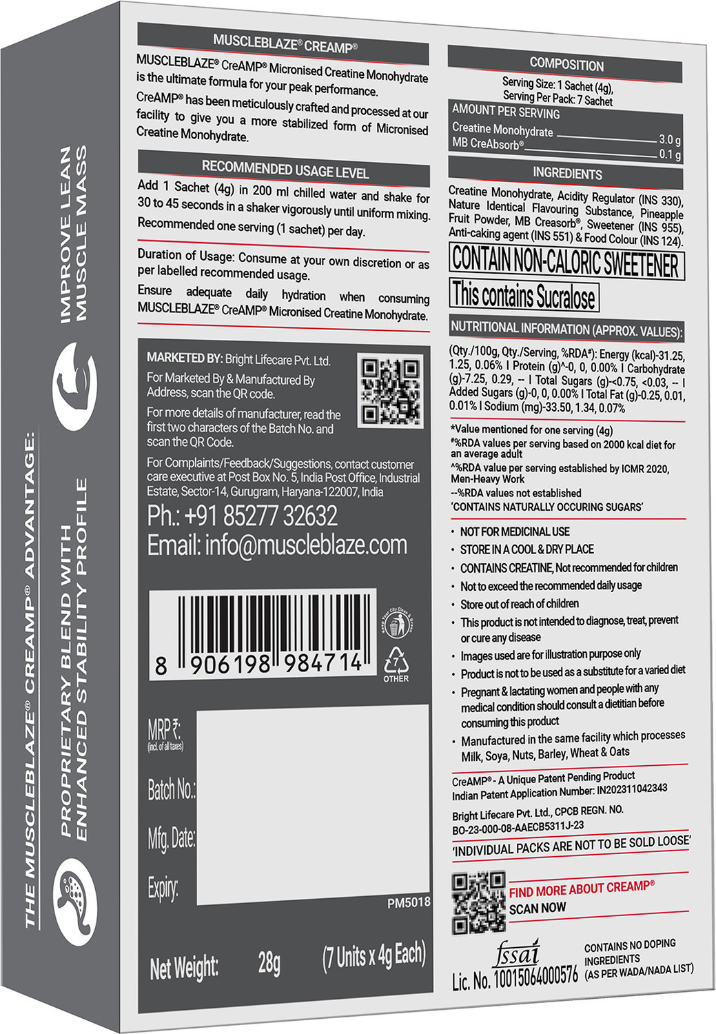 Image of MUSCLEBLAZE Micronised Creatine Monohydrate CreAMP Powder, 7 Sachets | Trustified Certified Creatine